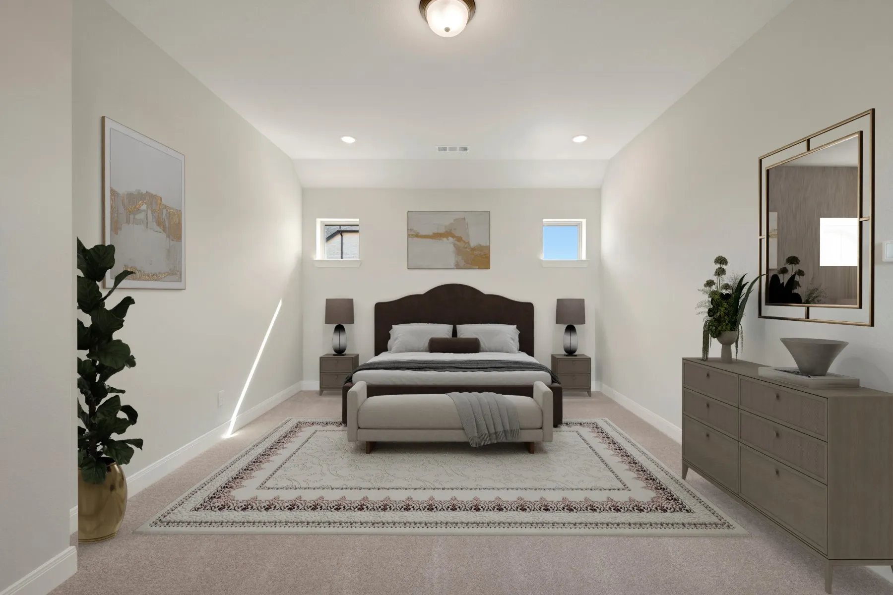 Bedroom with light colored carpet and recessed lighting
