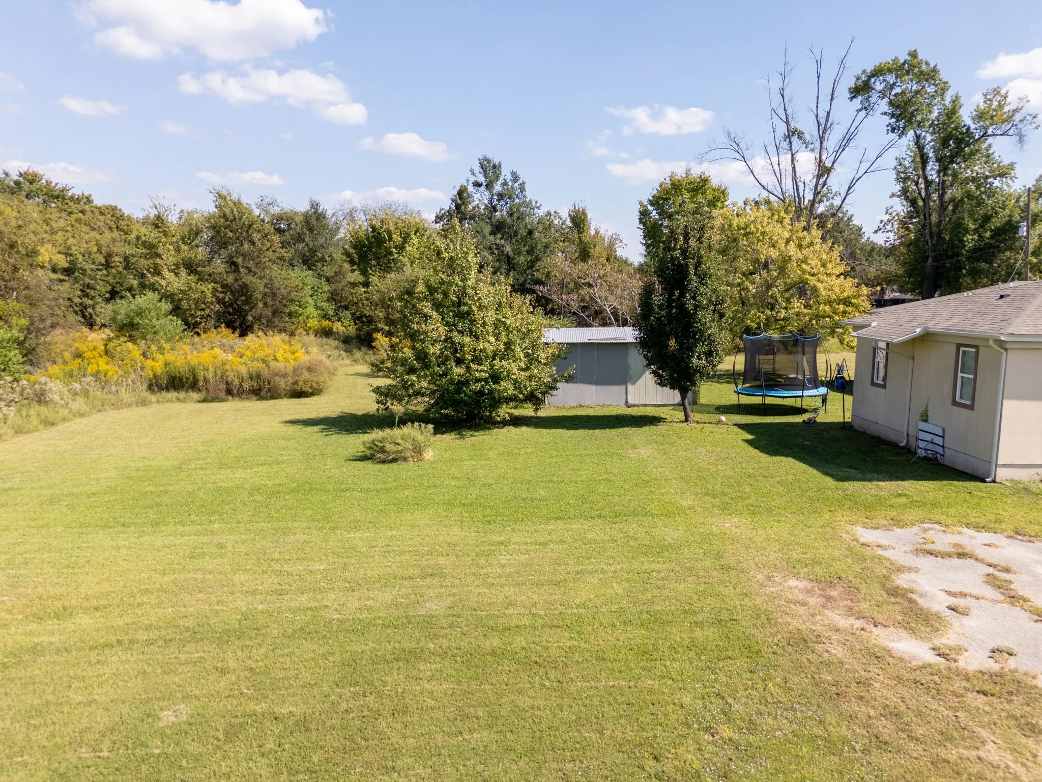 View of grassy yard featuring a trampoline and an outdoor structure