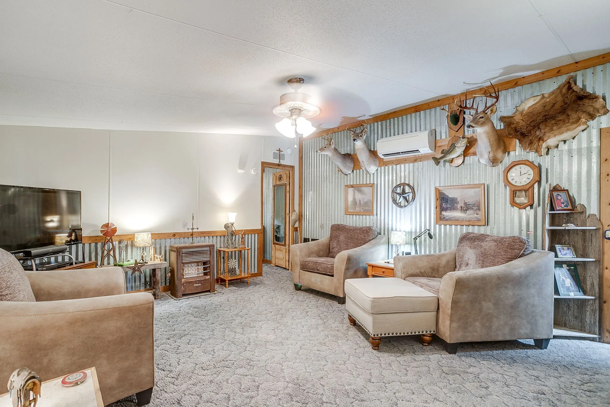 Living room featuring carpet and a wall mounted AC