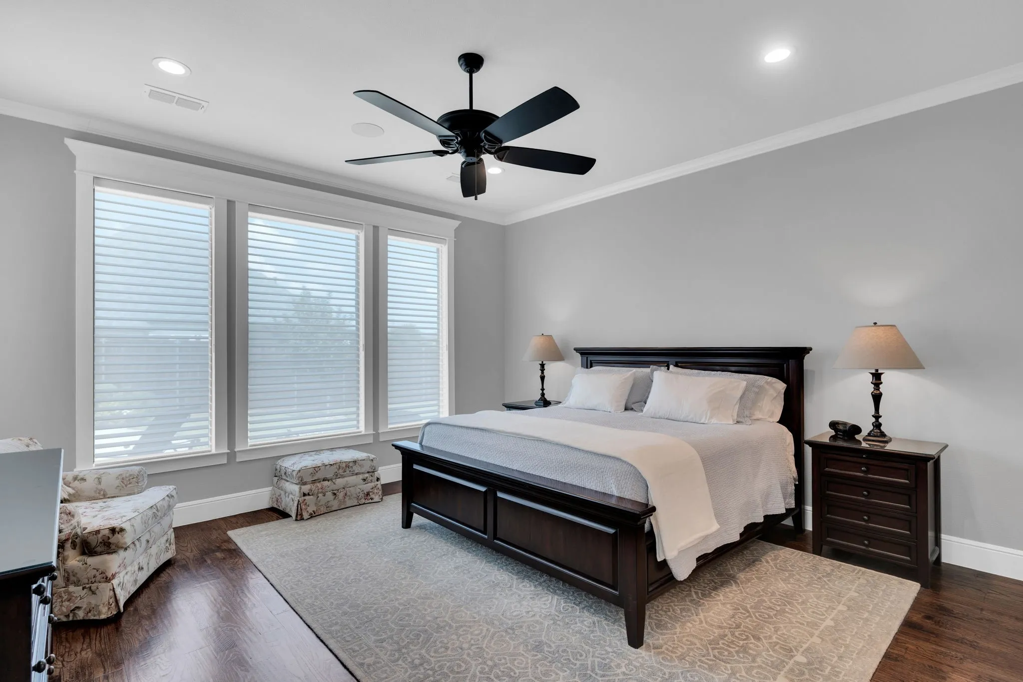 Bedroom featuring ornamental molding, ceiling fan, dark wood-type flooring, and recessed lighting