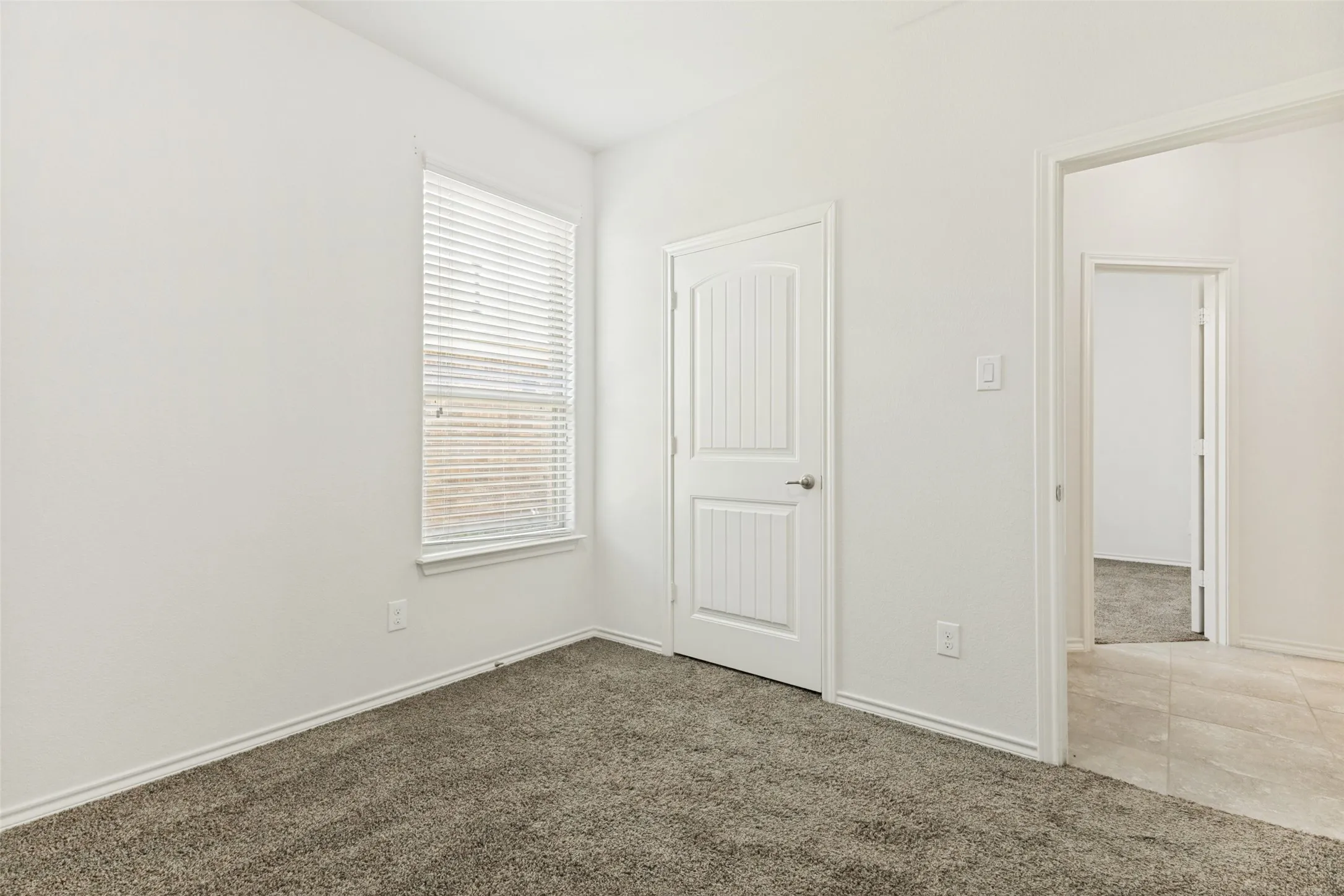 Neutral-toned wall finishes, carpet flooring, a window with blinds, and white trim