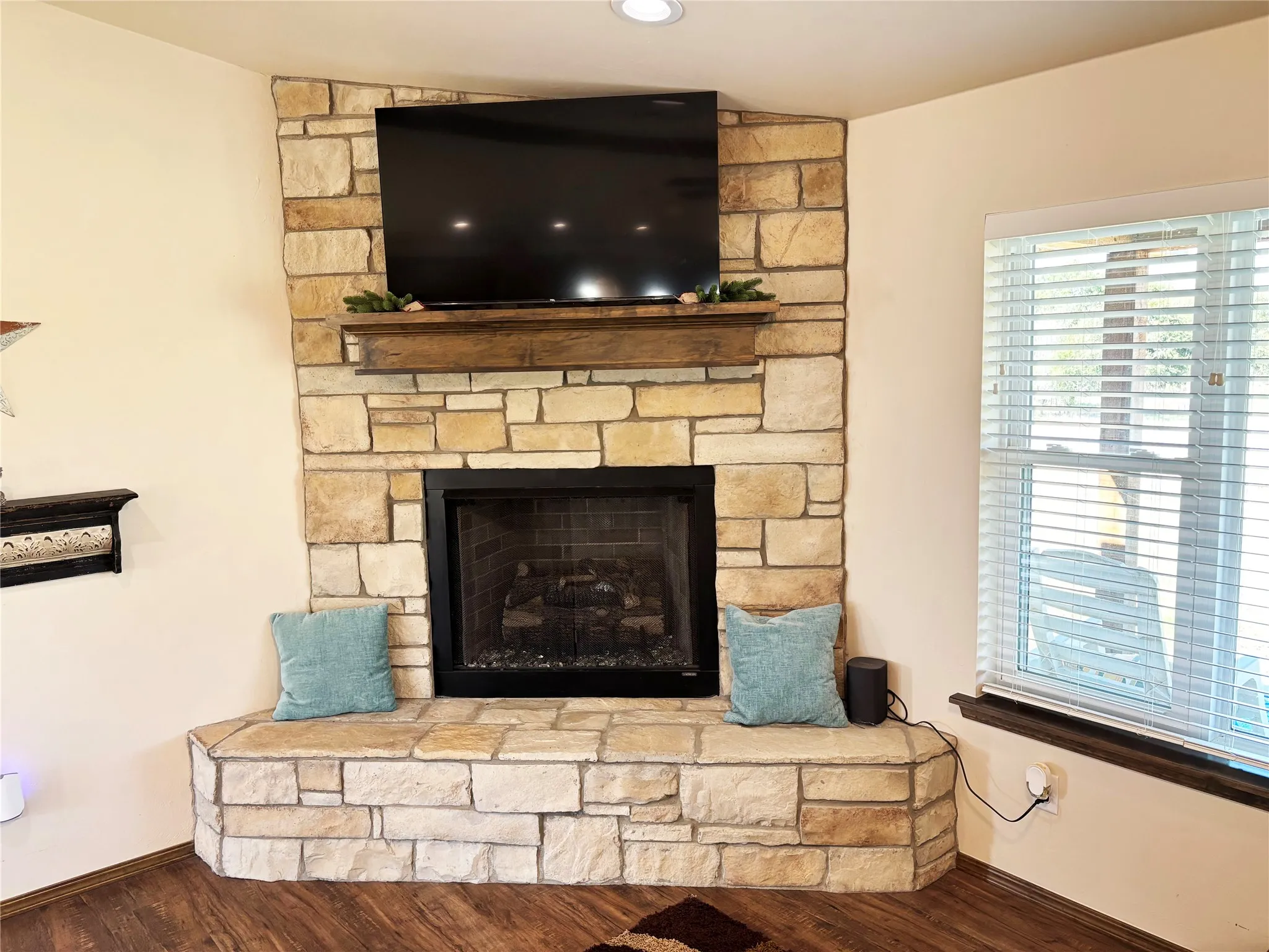 Detailed view of stone fireplace
