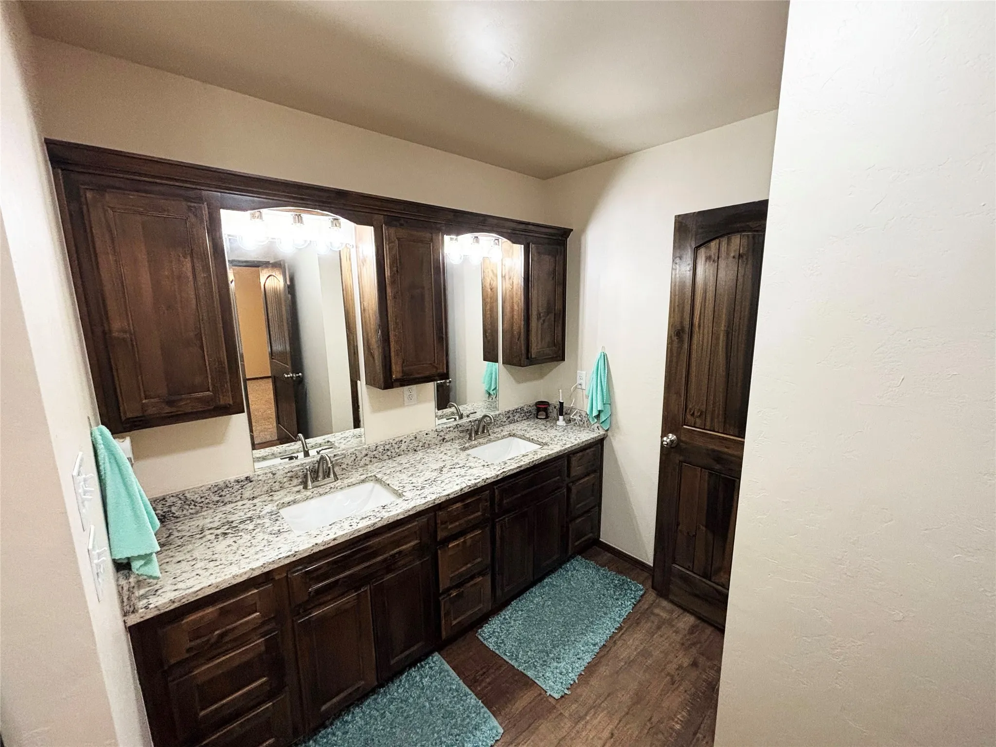 Full bathroom with dark wood-type flooring and double vanity