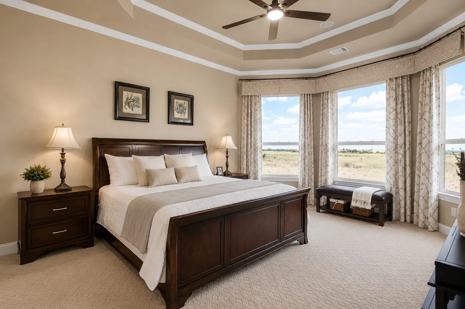 Tray ceiling with crown molding and recessed lighting
