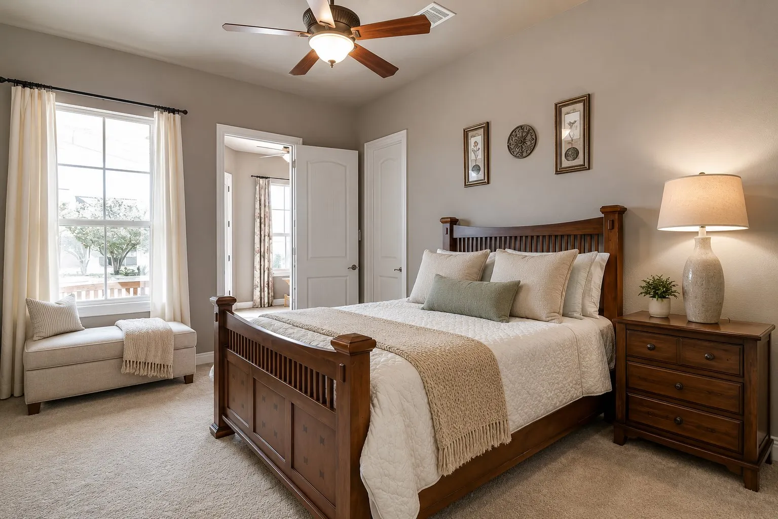 Recessed lighting, ceiling fan, carpet flooring, a large window, and an interior door