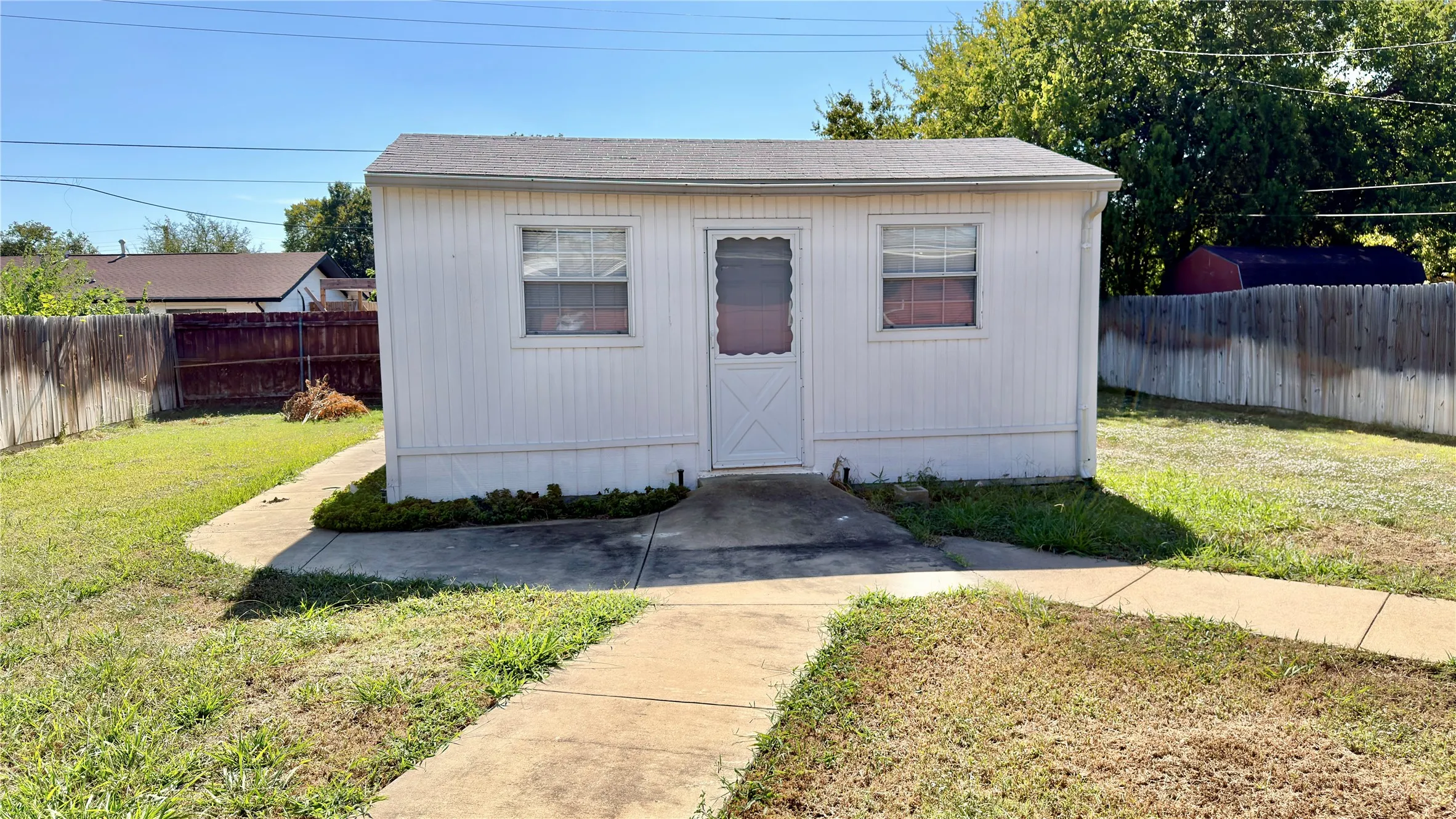 View of outdoor structure featuring a fenced backyard