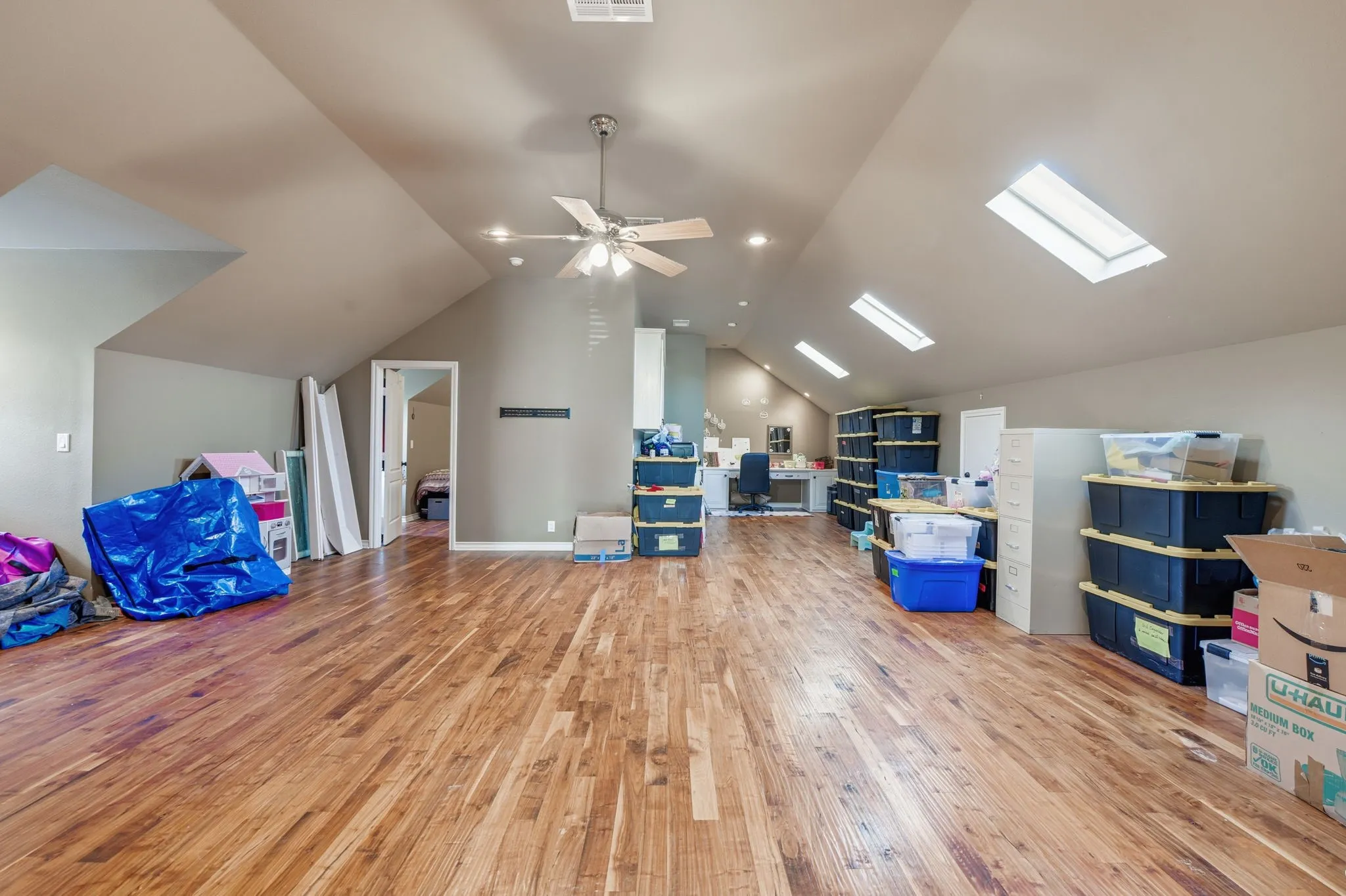 Additional living space featuring lofted ceiling, light wood finished floors, a ceiling fan, and a skylight
