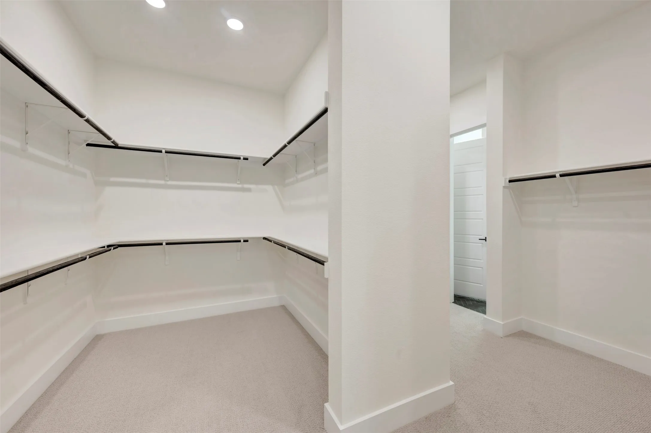 Owners Walk in closet featuring light carpet
