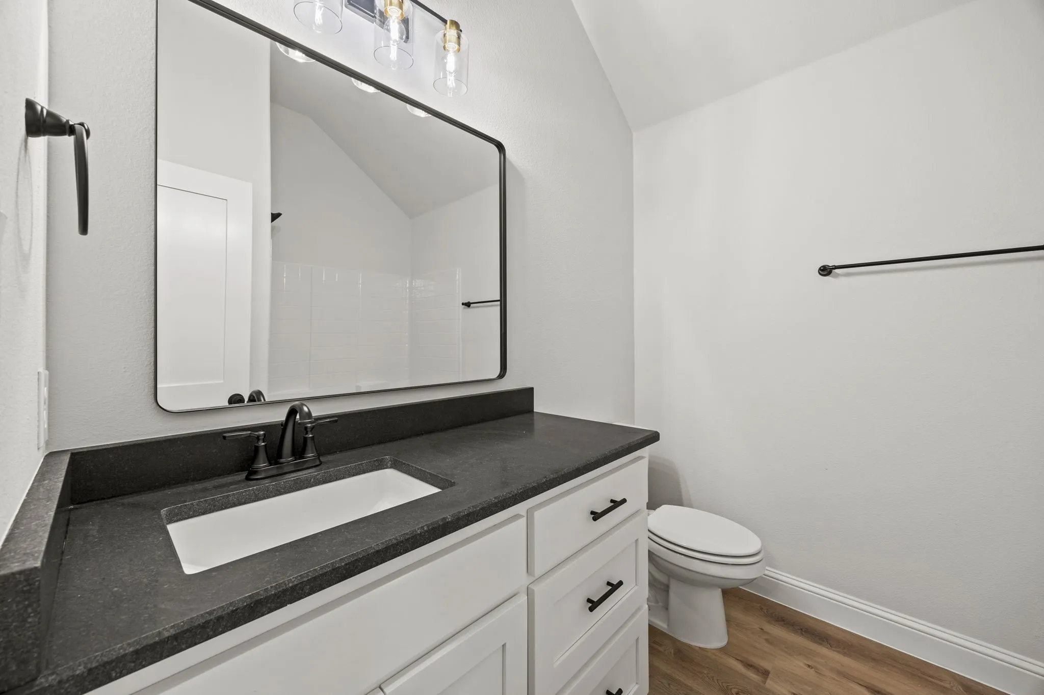 Bathroom featuring dark wood-type flooring, vanity, and vaulted ceiling