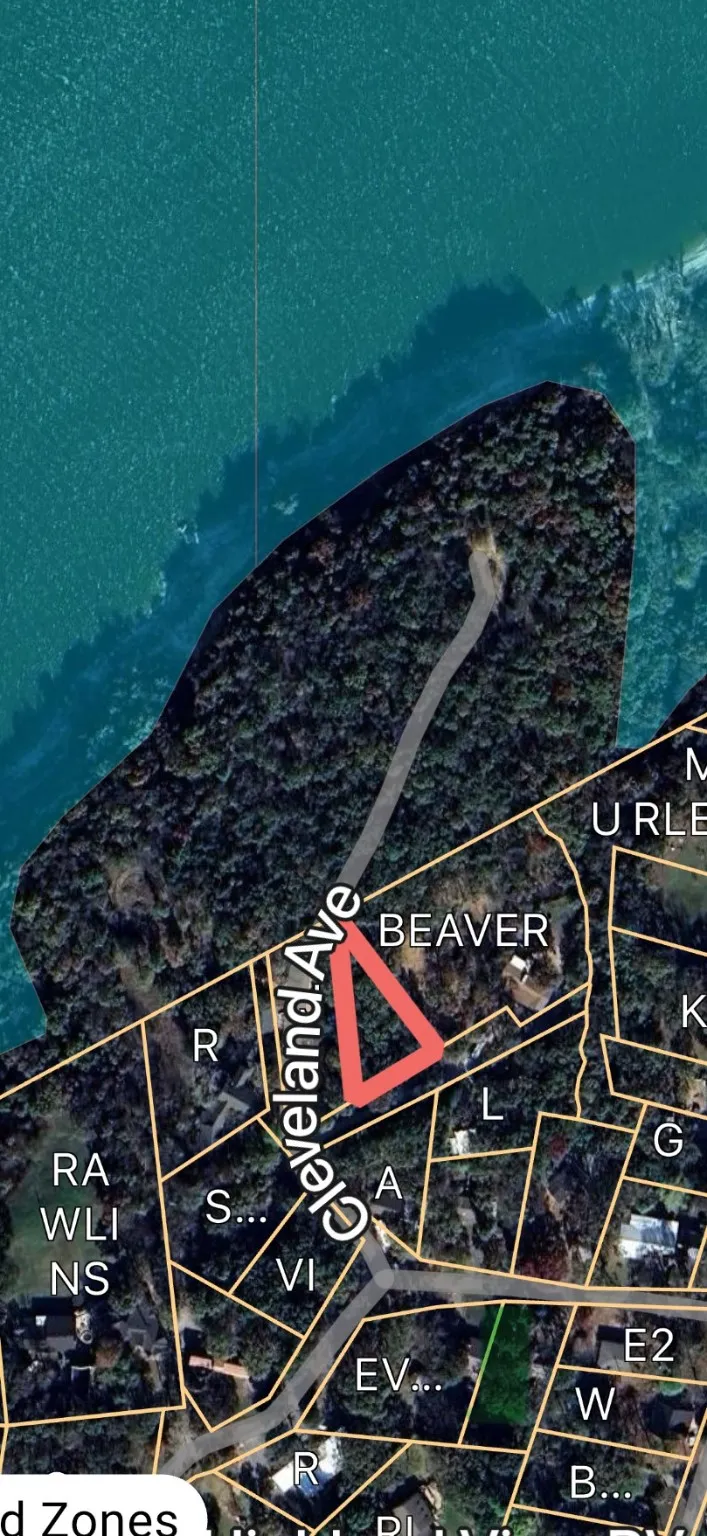 red triangle is 40 Cleveland Ave, see pathway to clearing and lake