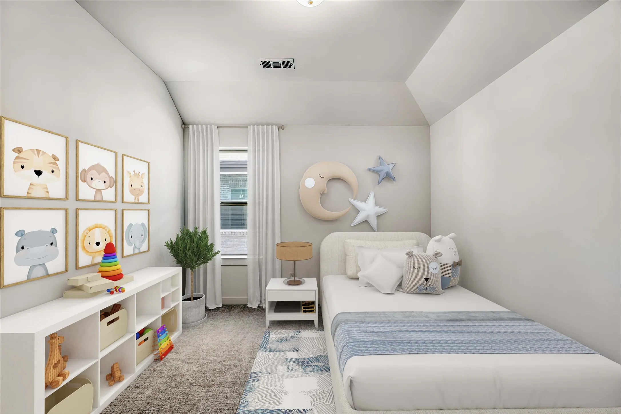 VIRTUALLY STAGED PHOTO - Room featuring a vaulted ceiling with a flat section, a single window with curtain rods, a built-in recessed light, and a floor vent