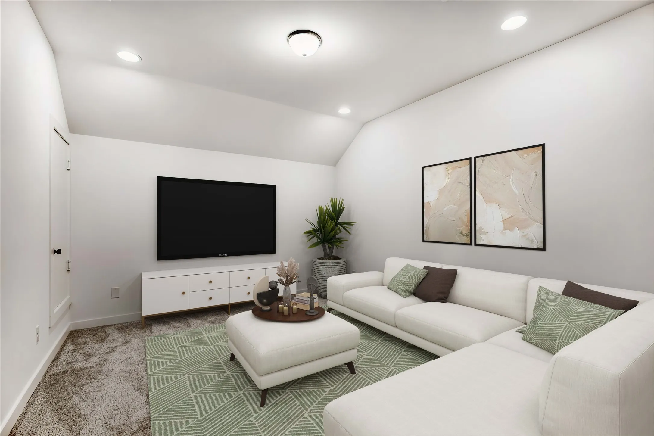 VIRTUALLY STAGED PHOTO - Vaulted ceiling family room featuring recessed lighting, a built-in media console, and carpeted flooring
