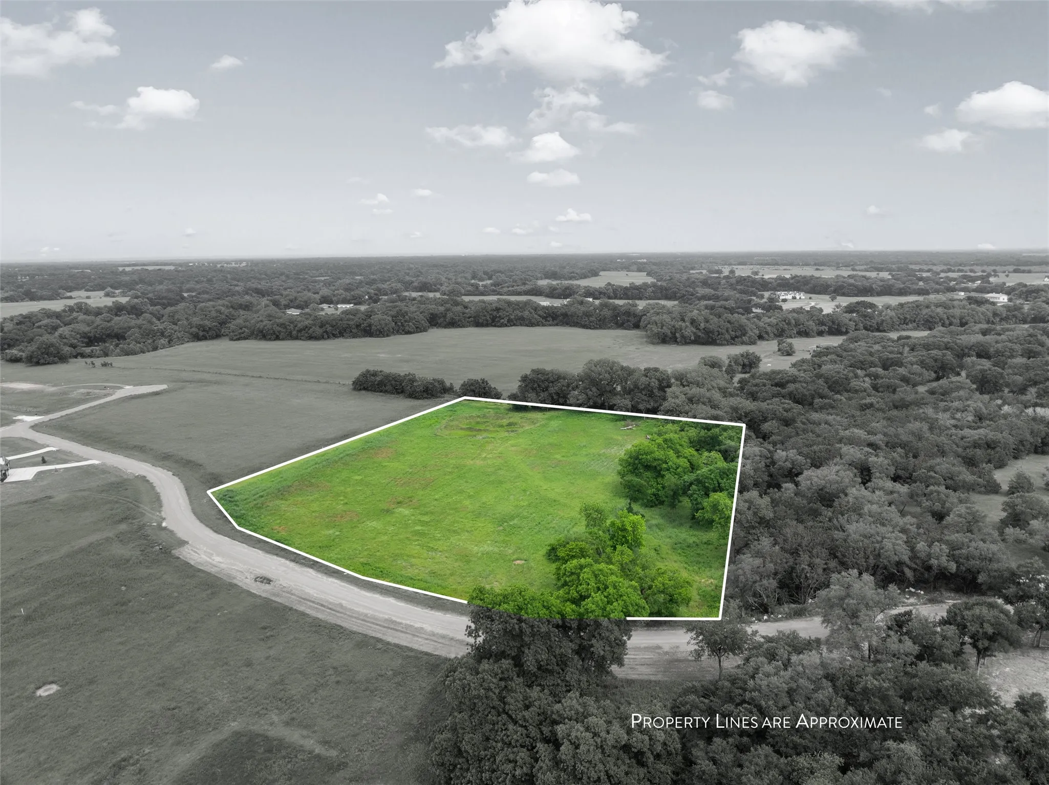 Overview of rural landscape with property boundaries highlighted