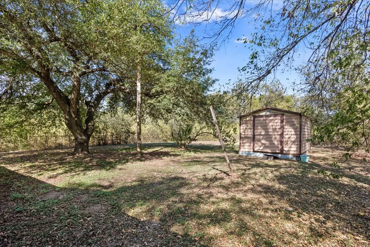 View of green lawn with a storage shed