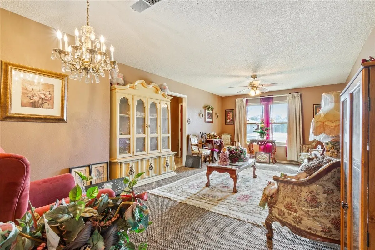 Living area with a textured ceiling, carpet floors, a chandelier, and a ceiling fan