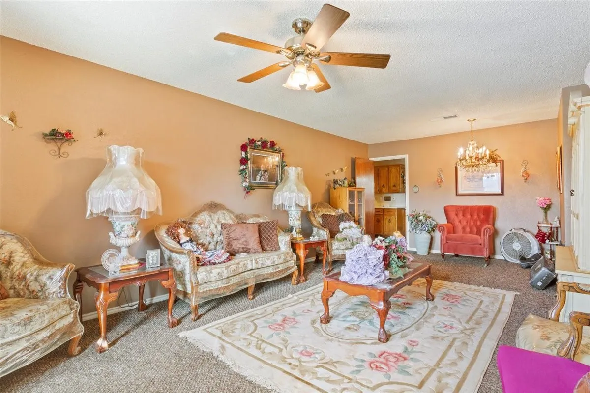 Carpeted living room featuring a textured ceiling, a chandelier, and ceiling fan