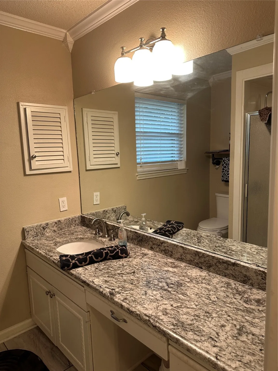 Bathroom featuring crown molding, vanity, a textured ceiling, a shower stall, and a textured wall