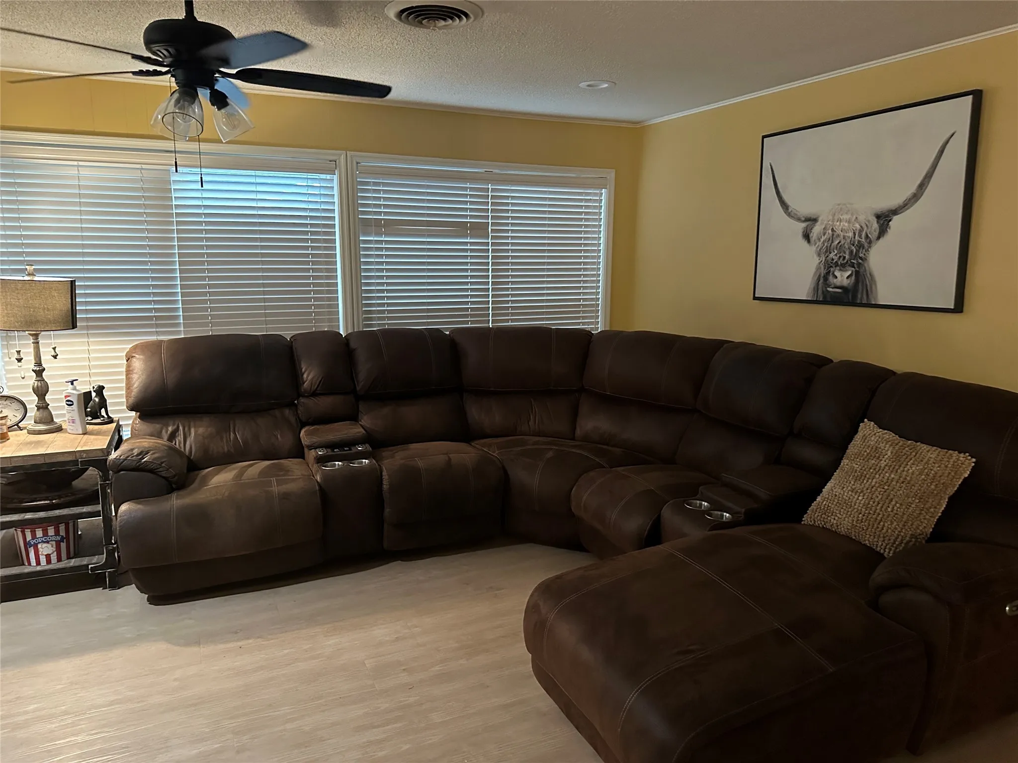 Living room with wood finished floors, ornamental molding, ceiling fan, and a textured ceiling