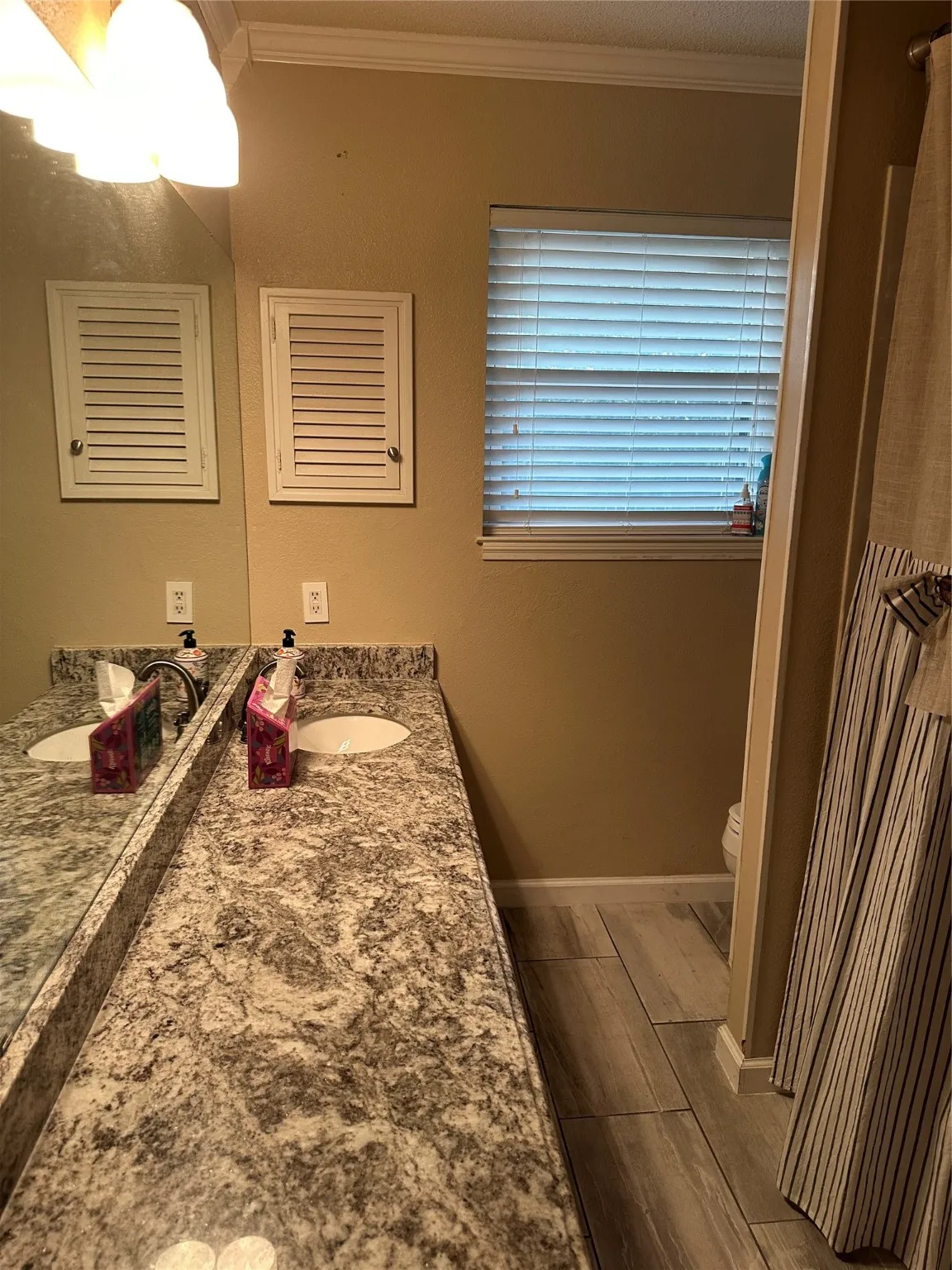 Full bath with ornamental molding, vanity, a shower with curtain, and dark wood-style flooring