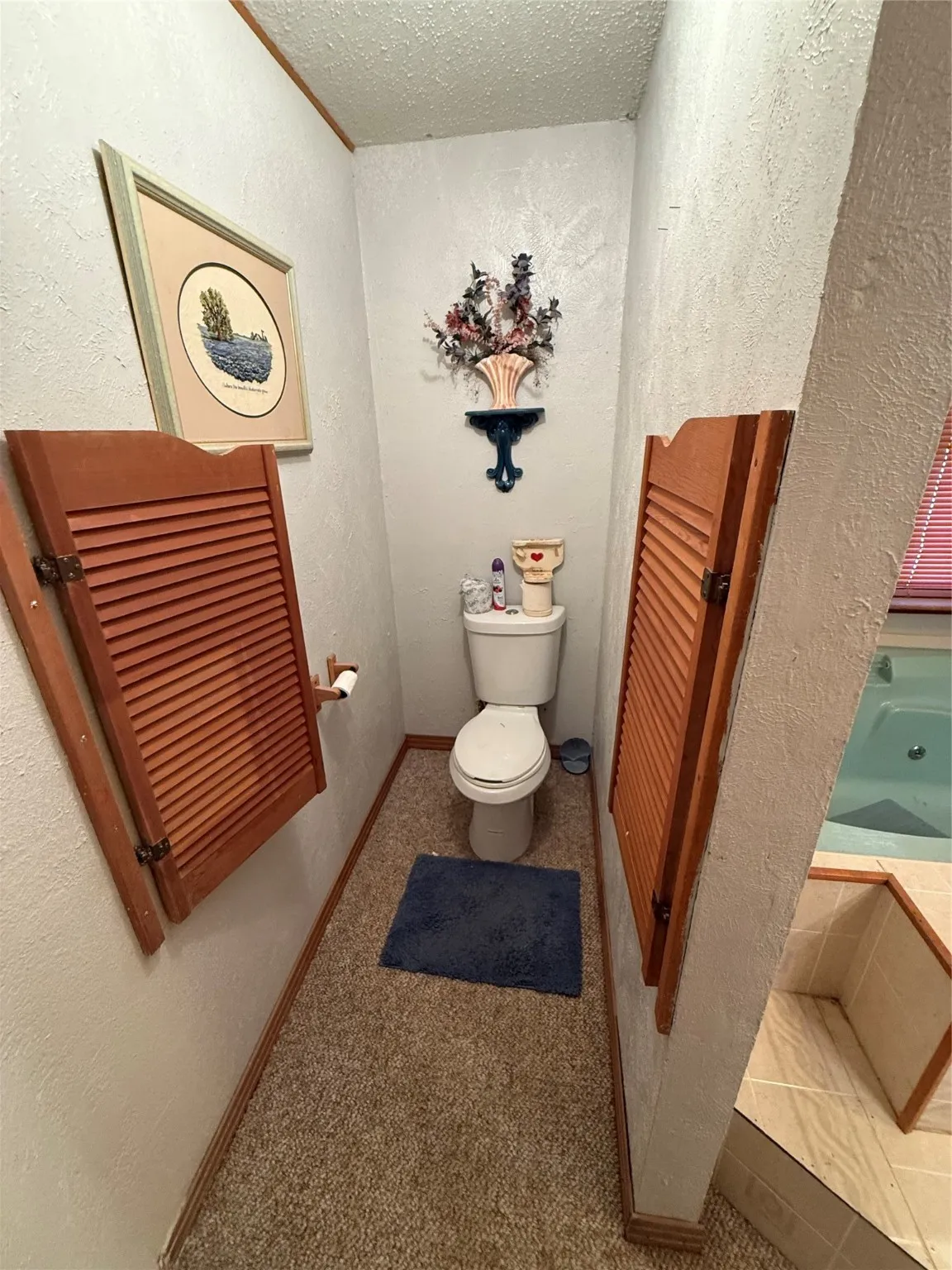 Bathroom with a textured wall, a textured ceiling, tiled bath, and carpet