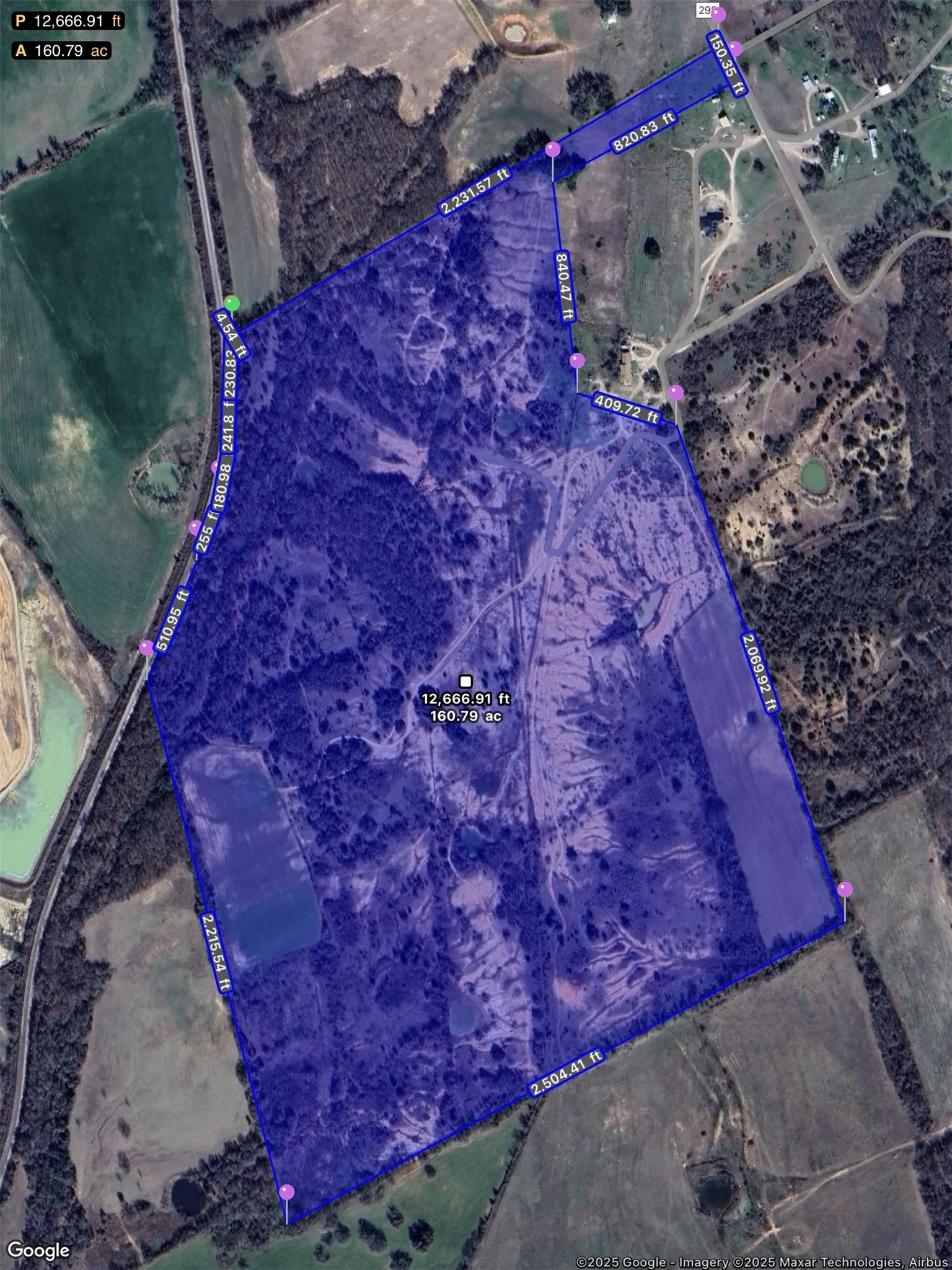 Google Map depiction of the property, used for a general outline.  Please refer to the actual survey in the uploaded documents for actual survey dated June 6, 2025. location with property parcel outlined. Buyer and Buyer's agent to verify all measurements for accuracy.