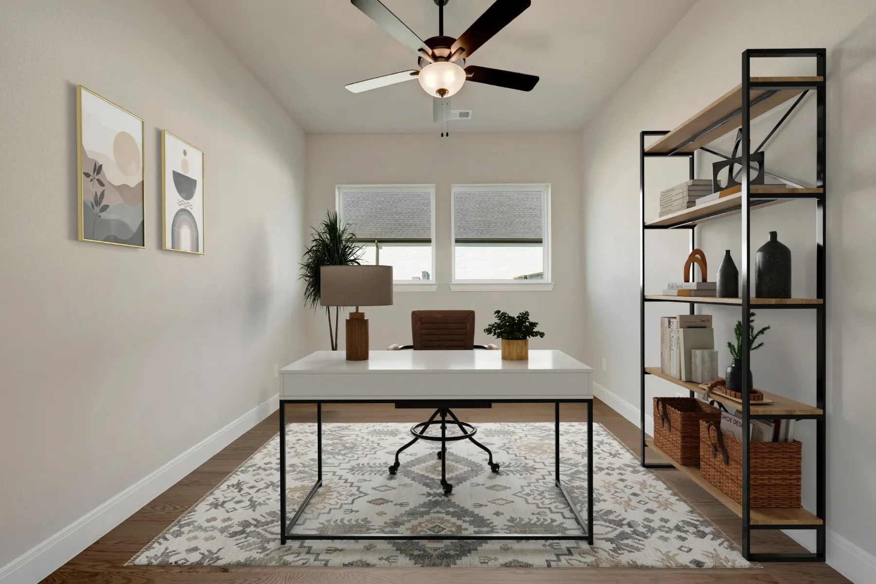 Home office with a ceiling fan and dark wood-type flooring