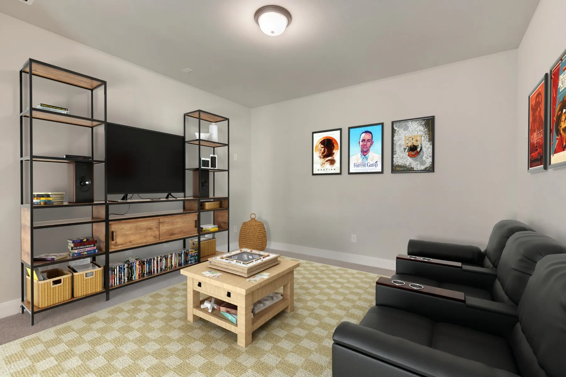 Living area with baseboards and light carpet