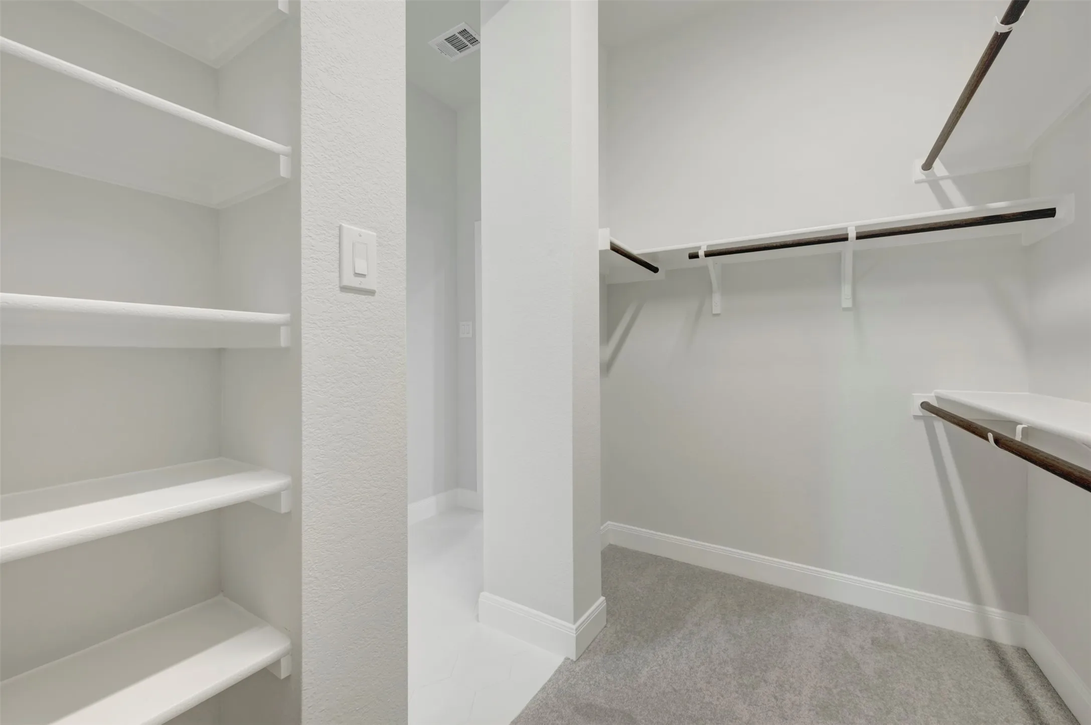 Walk in closet with light carpet