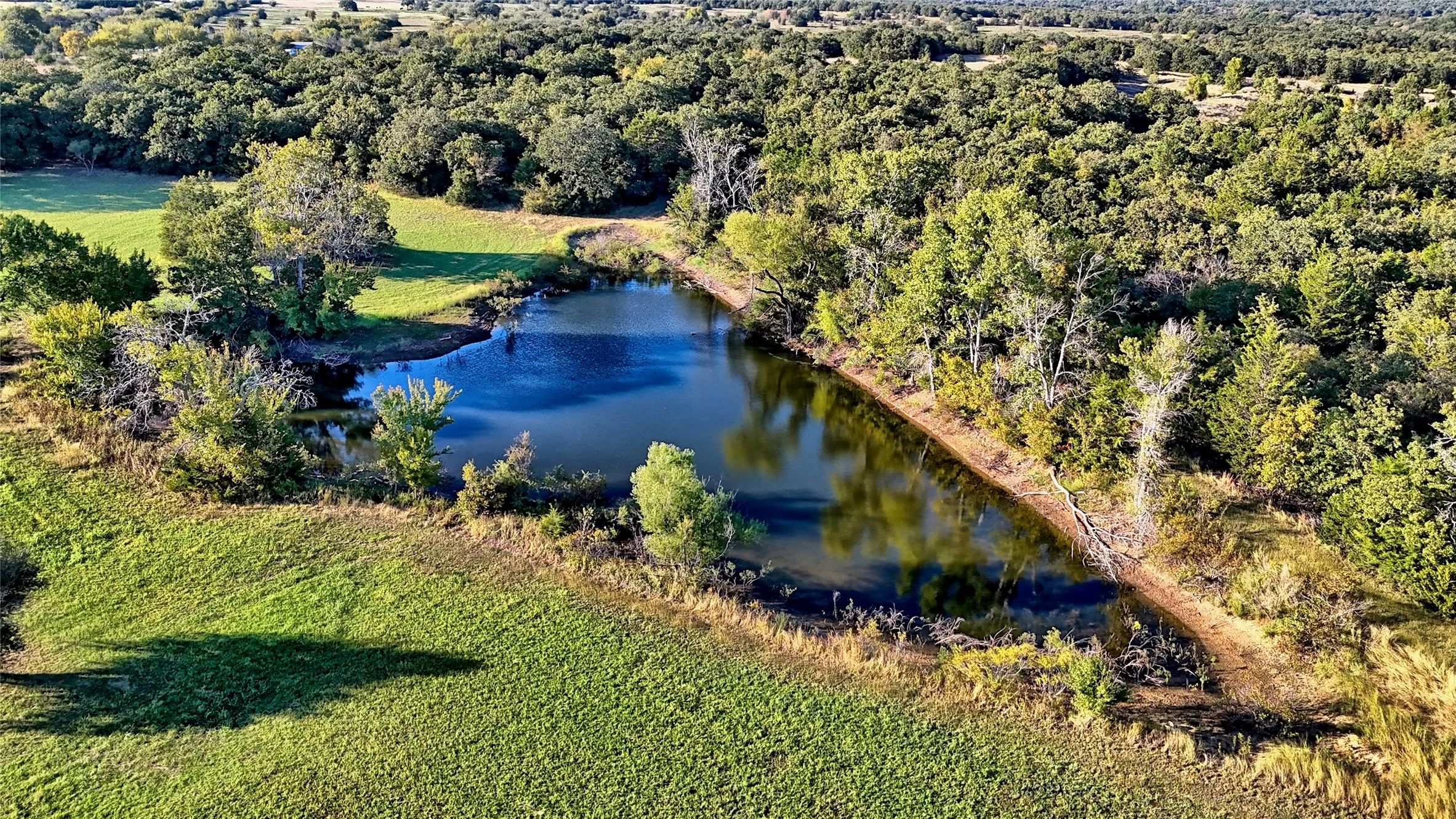 Bird's eye view of a nearby body of water and a heavily wooded area