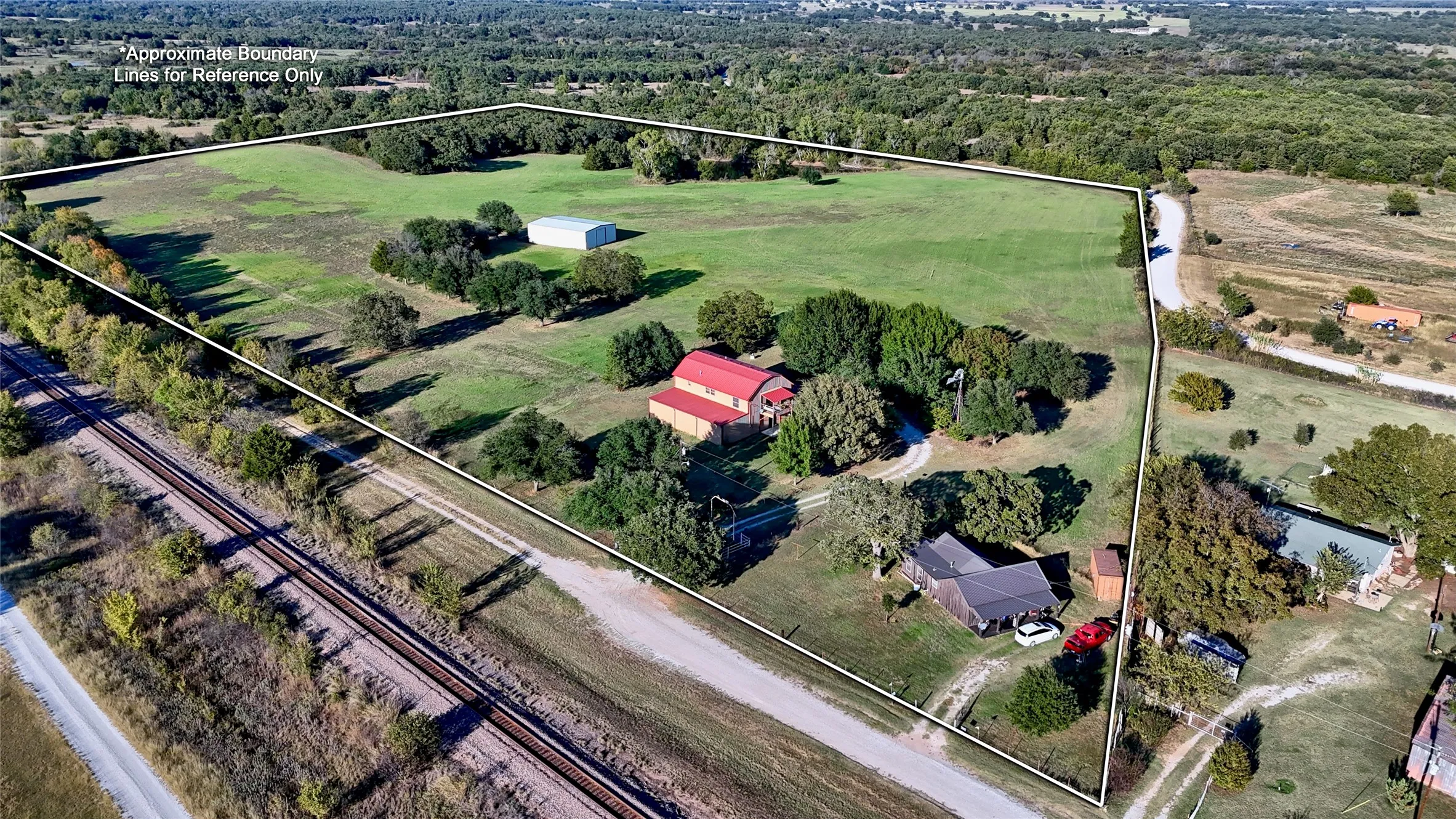 Aerial overview of property's location with rural landscape and property boundaries highlighted