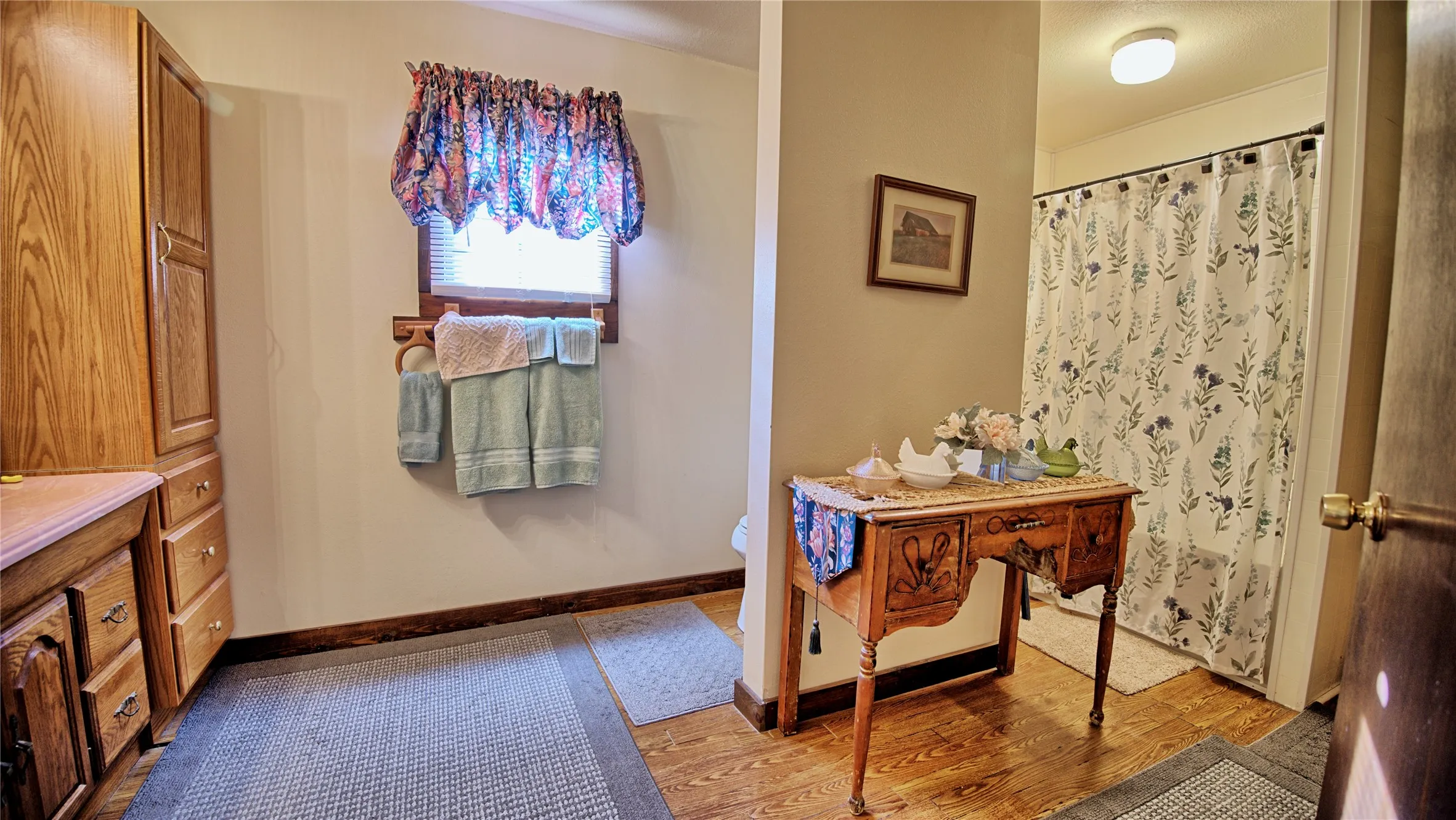 Bathroom featuring wood finished floors, curtained shower, and vanity