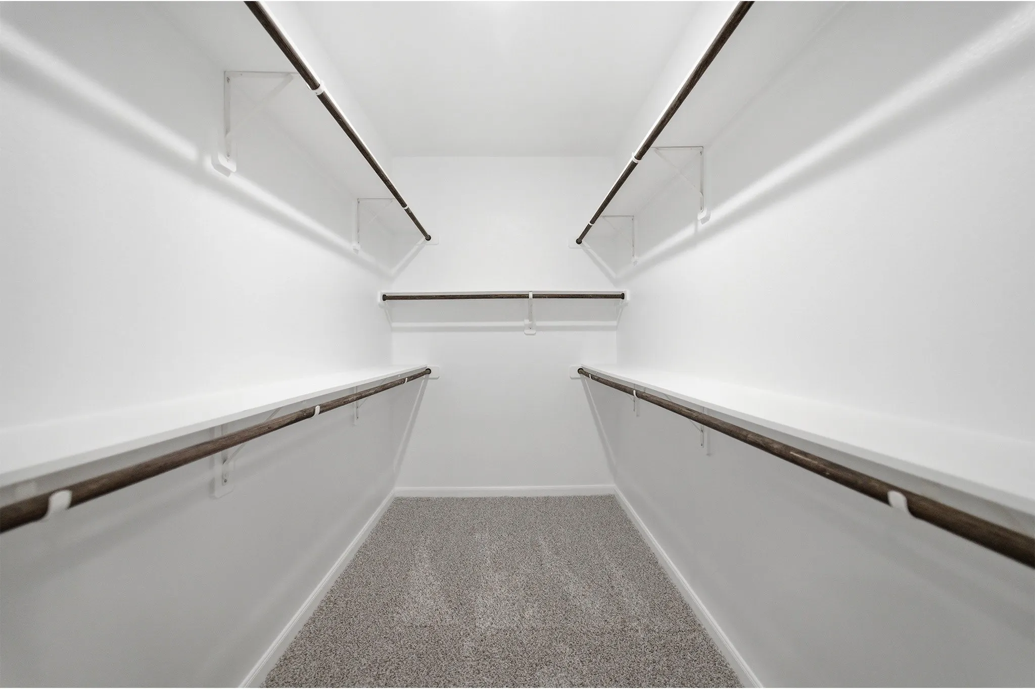 Walk-in closet featuring light gray carpet flooring, white walls, and multiple levels of shelving with dark wood-finish rods