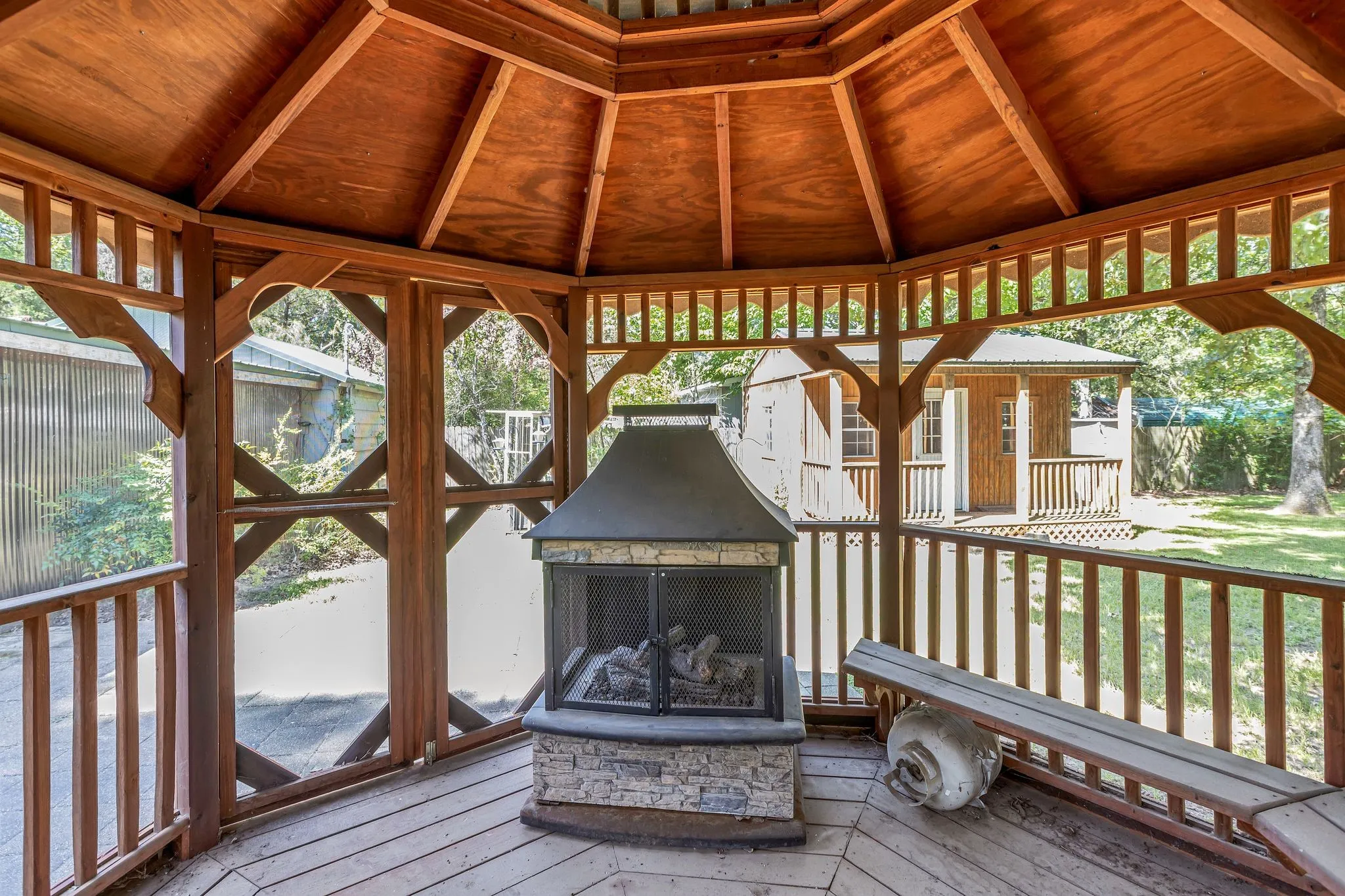 Gazebo with outdoor gas fireplace