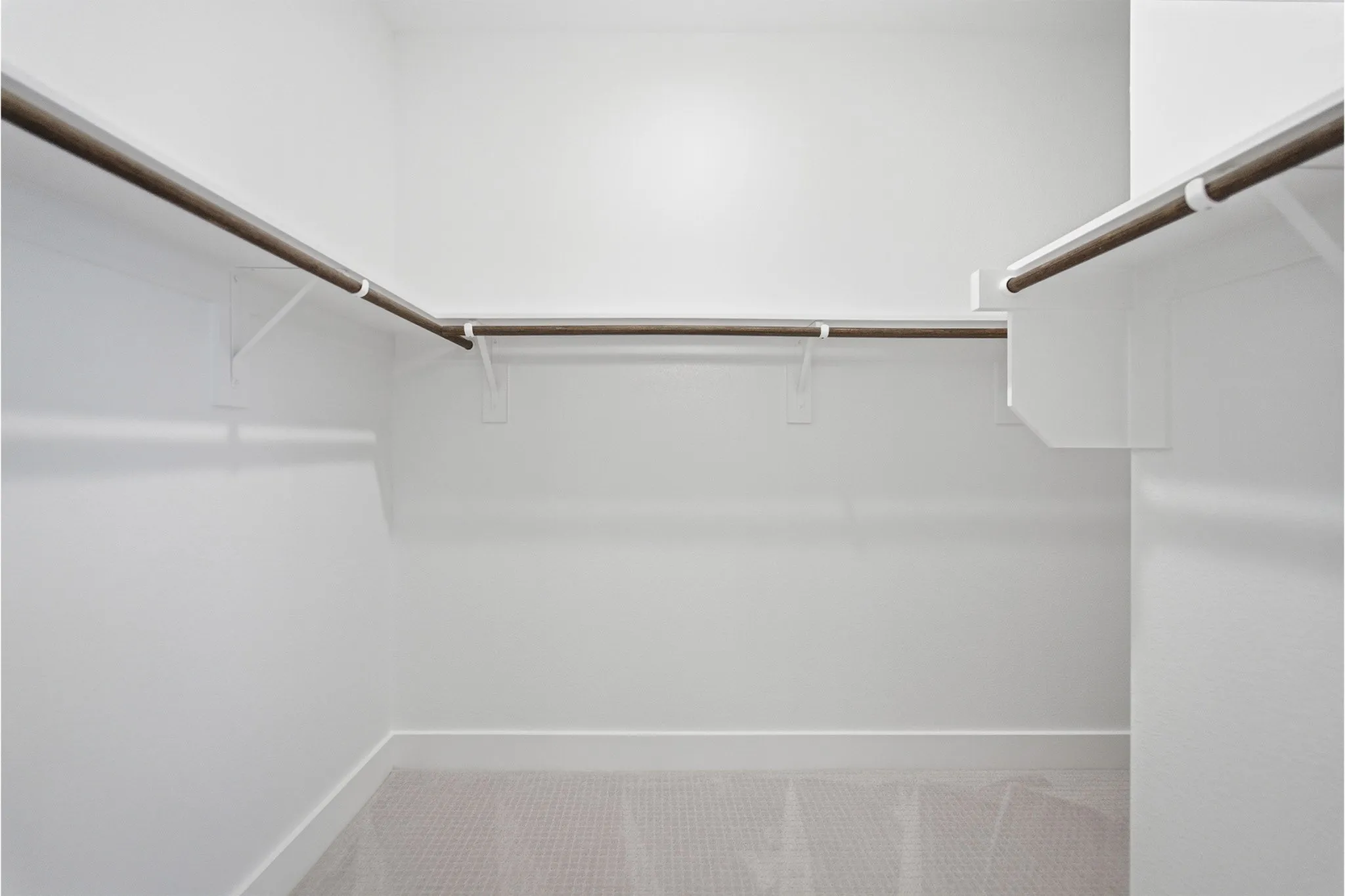 Walk-in closet featuring light-colored carpet, white walls, and built-in shelving with hanging rods