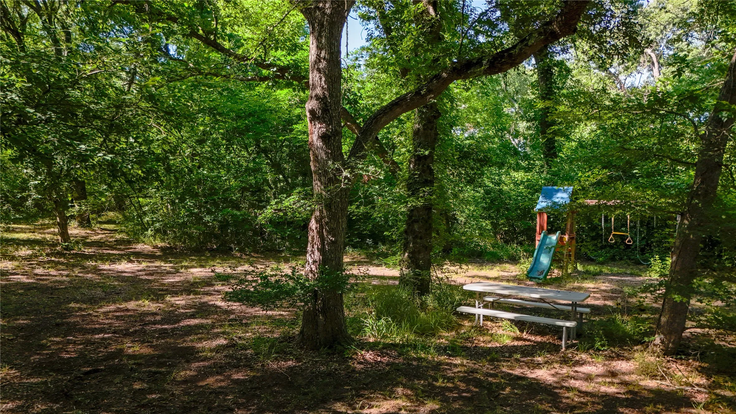 Playground with picnic table tucked away in the woods