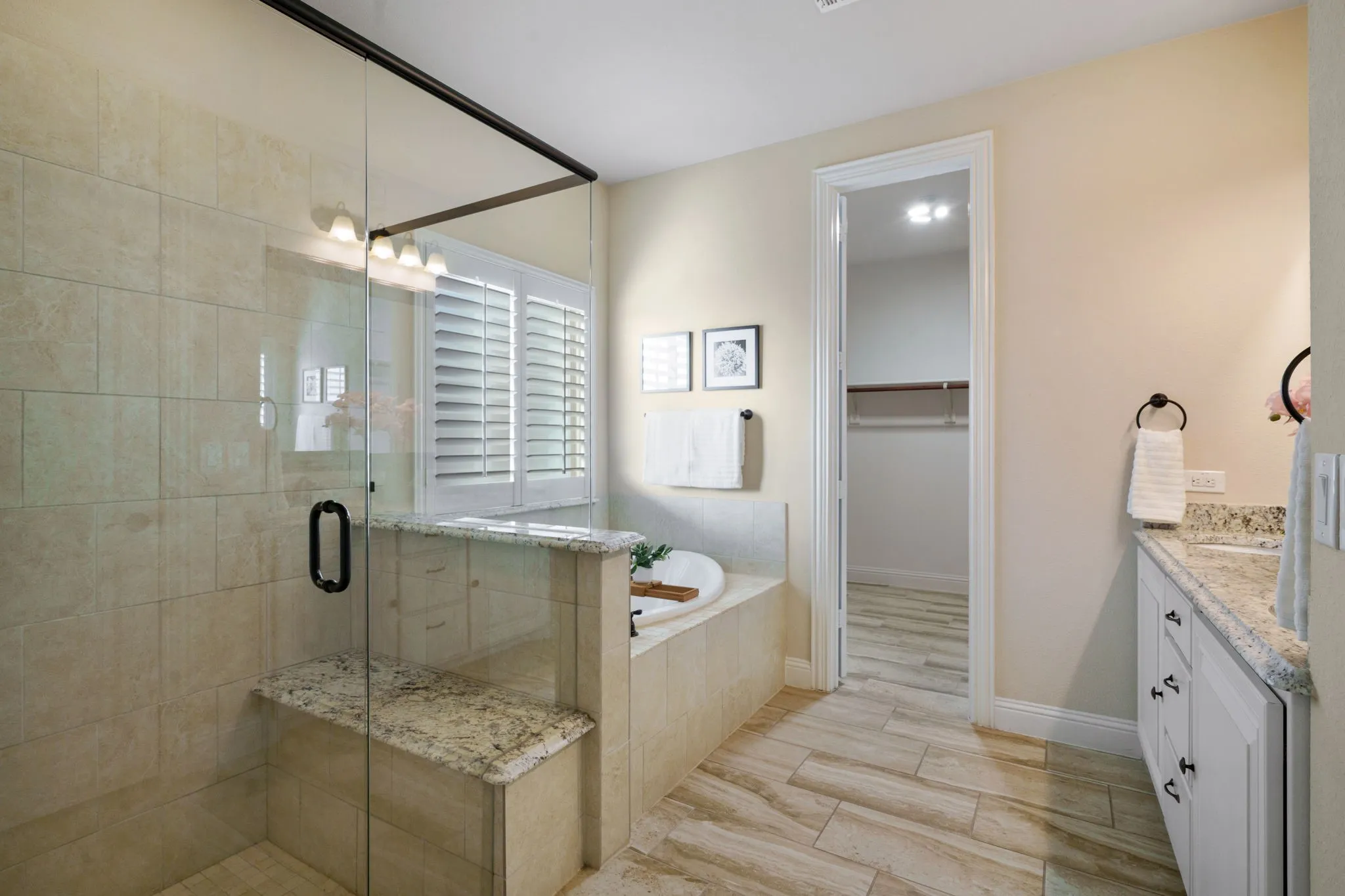 Beautiful spa-style bathroom with frameless glass shower, soaking tub, and designer finishes throughout.
