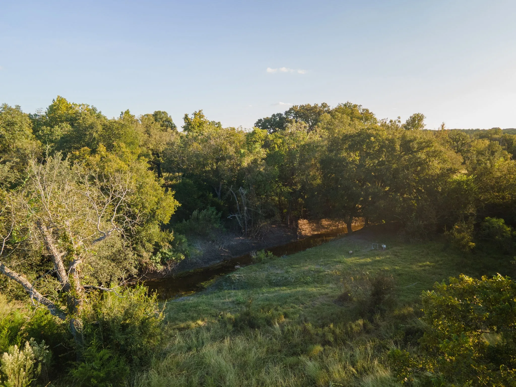 Lush natural landscape featuring dense tree cover and a winding water feature