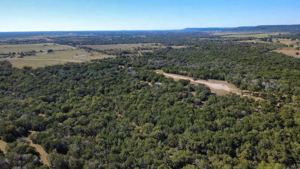 Aerial view of property and surrounding area featuring a forest