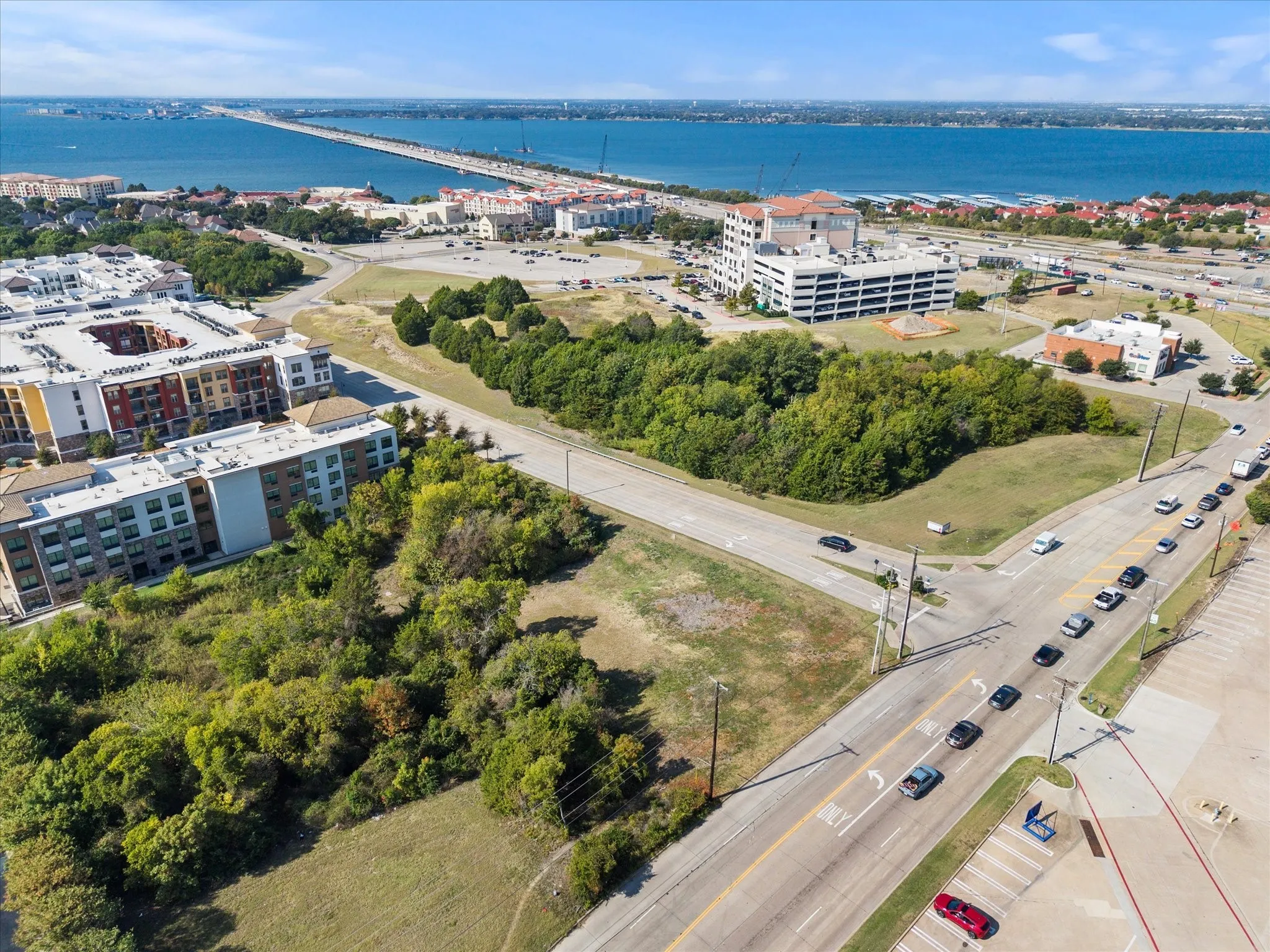 Aerial view of a notable bridge and a large body of water