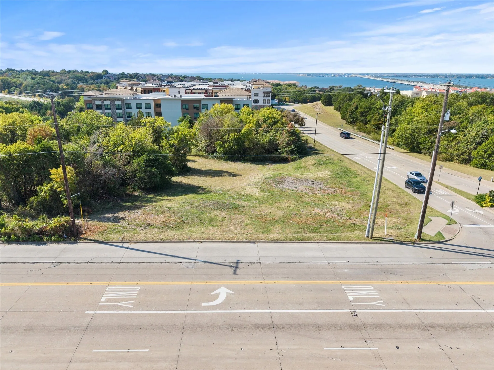 Aerial view of a nearby body of water