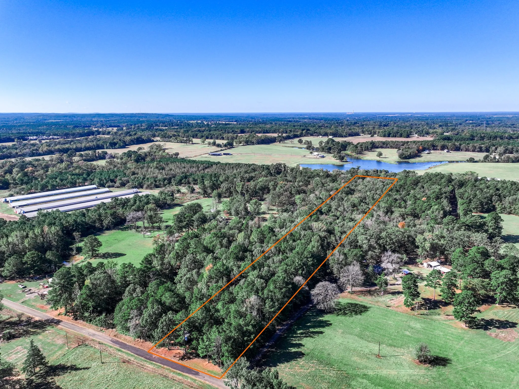 Aerial view of a nearby body of water and a forest