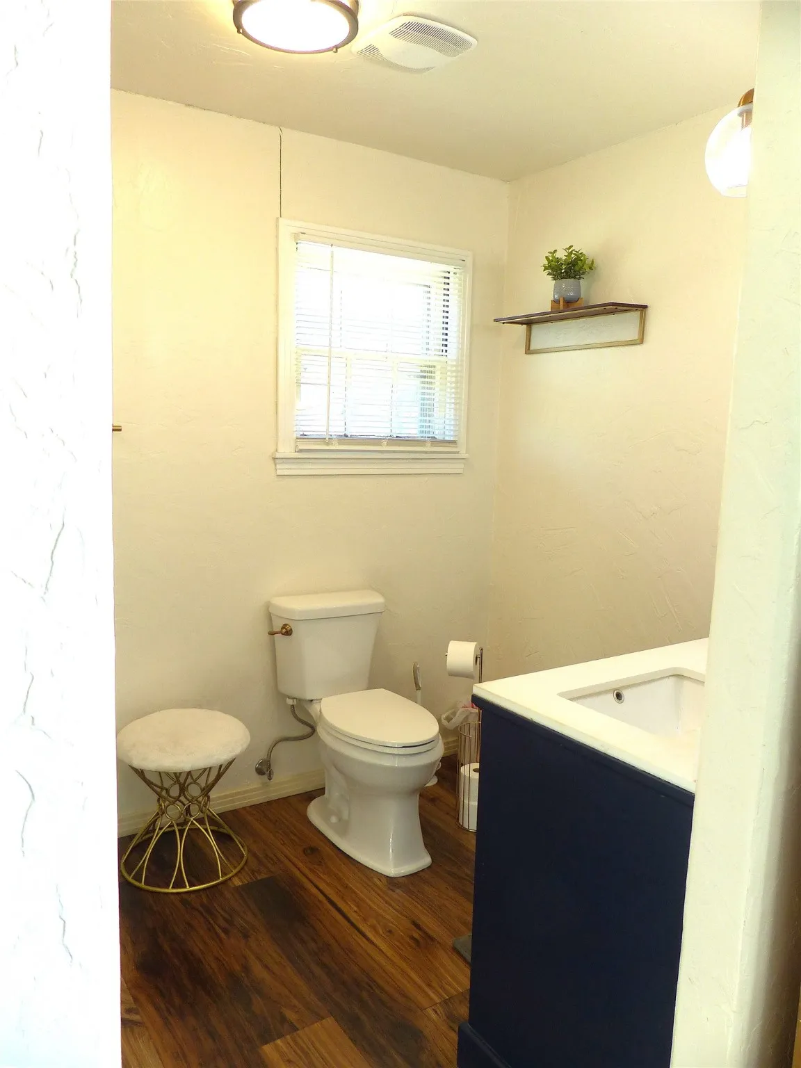 Bathroom with vanity and dark wood-style flooring