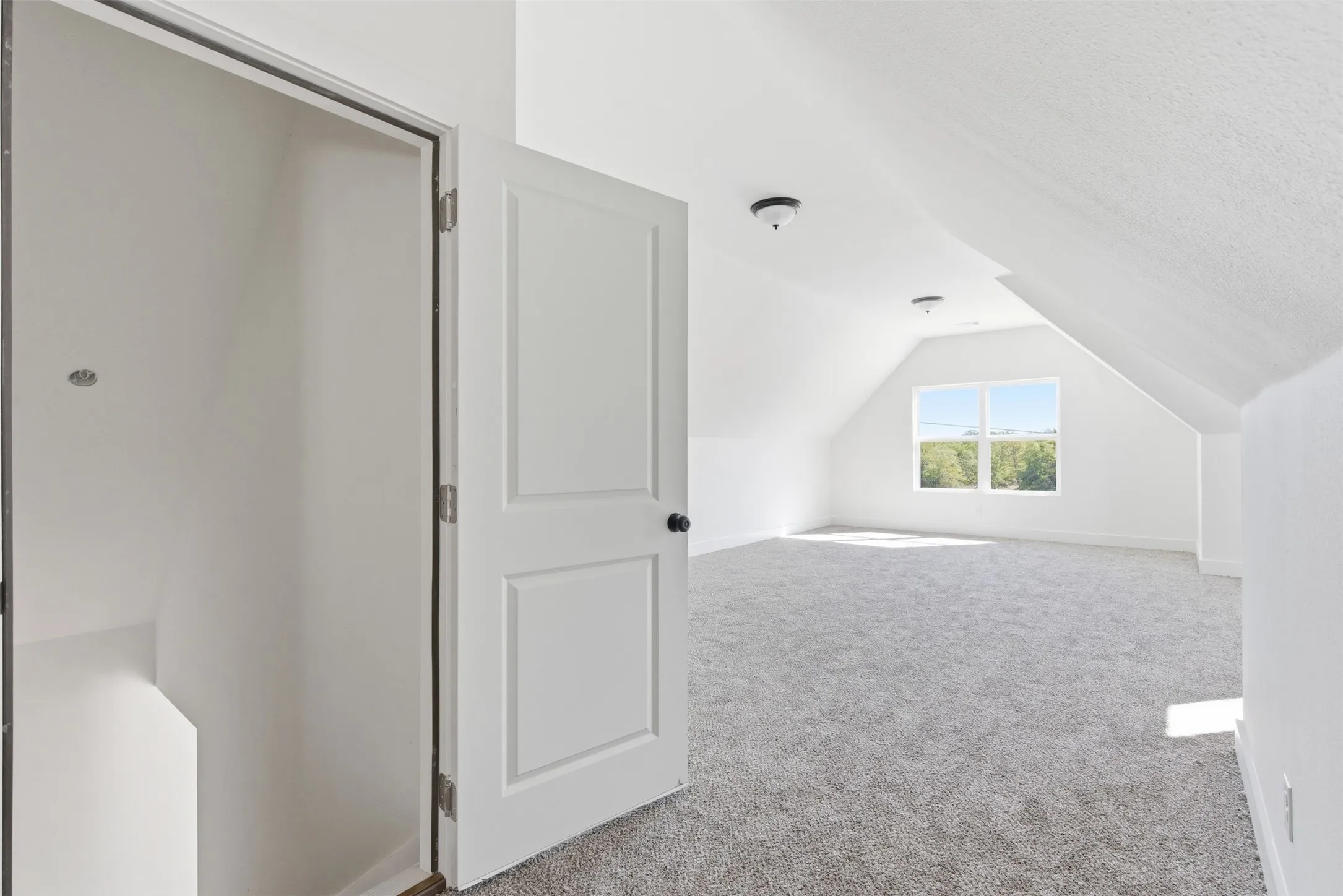 Additional living space with light carpet, vaulted ceiling, and a textured ceiling
