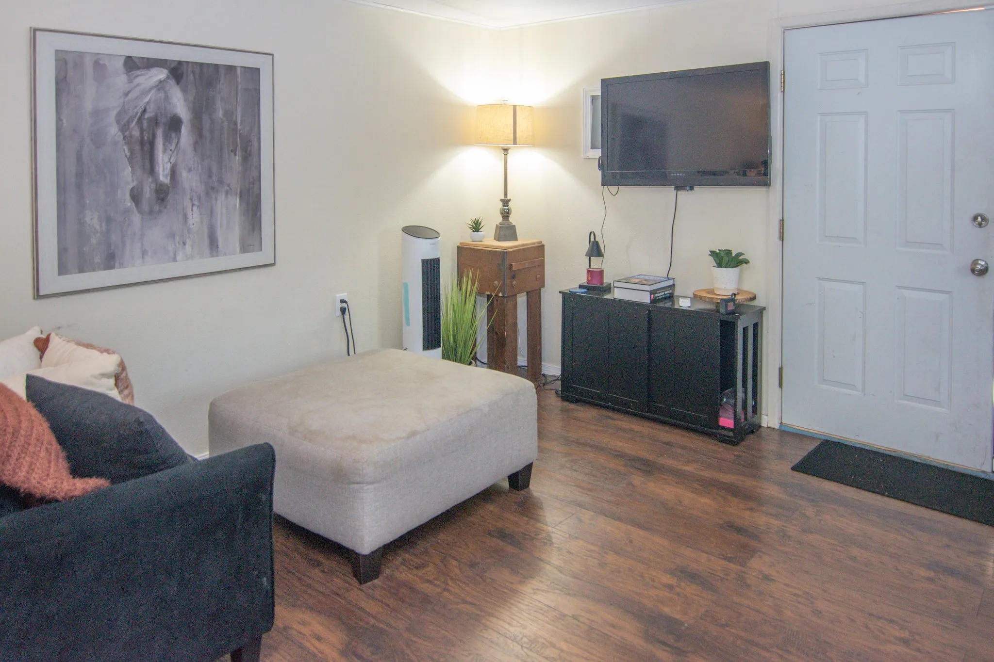 Living area featuring dark wood-style flooring