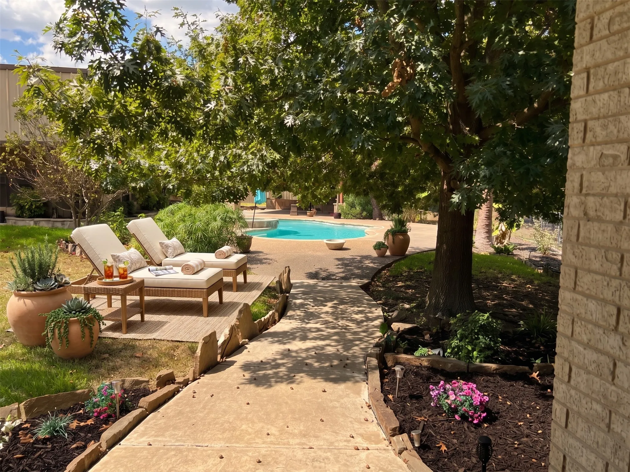 In-ground swimming pool with a concrete deck, concrete pathway, brick exterior, and mature trees