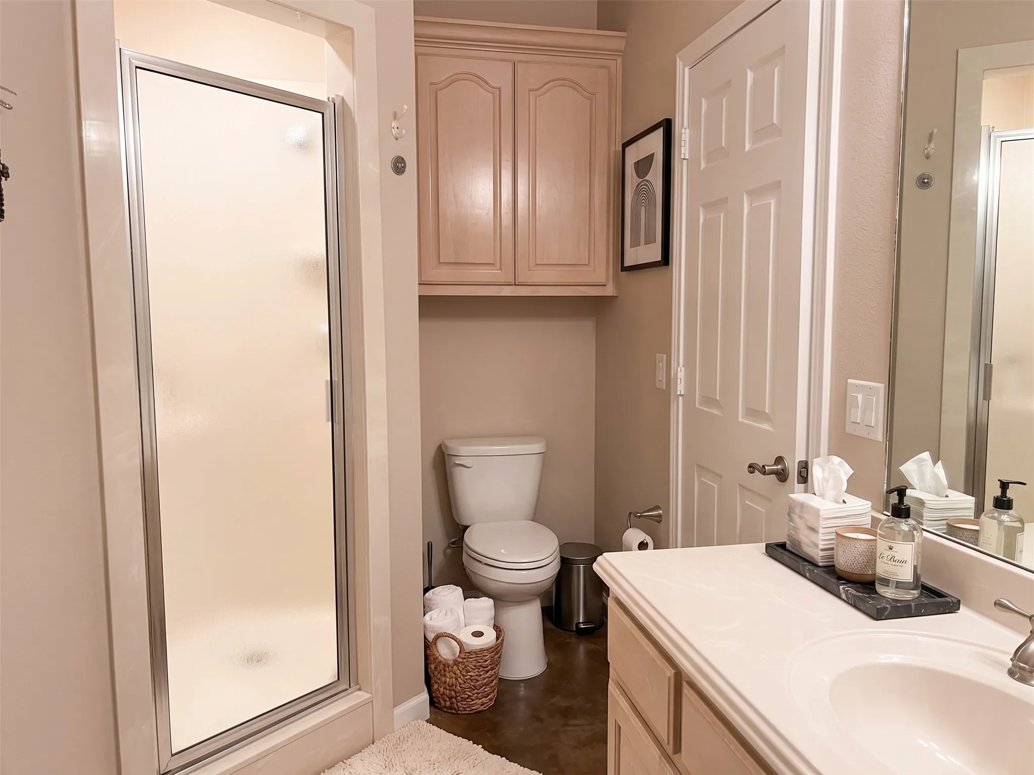 Frosted glass shower enclosure, built-in vanity with integrated sink, wall-mounted mirror, and cabinetry providing storage