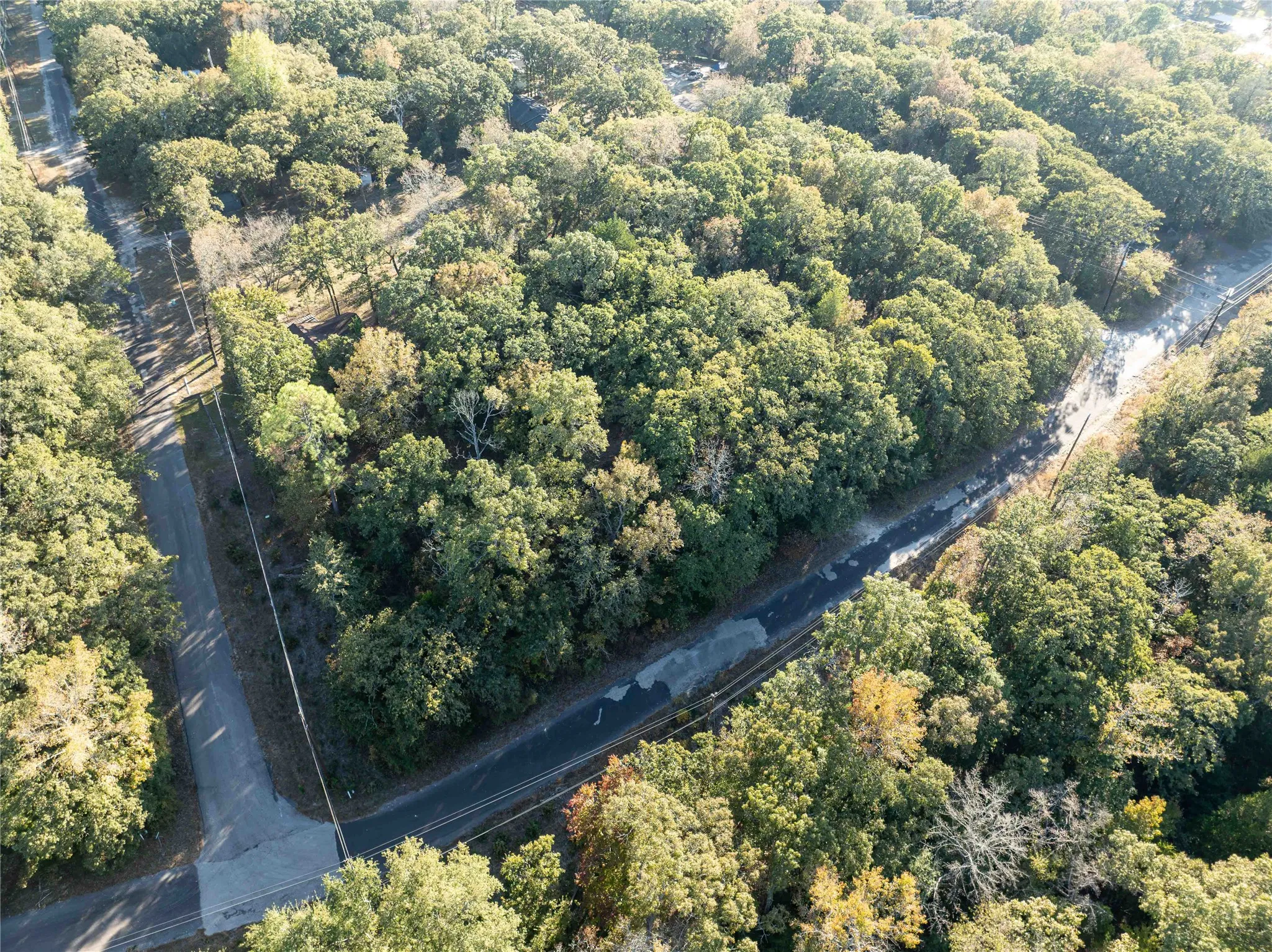 Aerial view of property and surrounding area with a heavily wooded area in the gated community of Callender Lake
