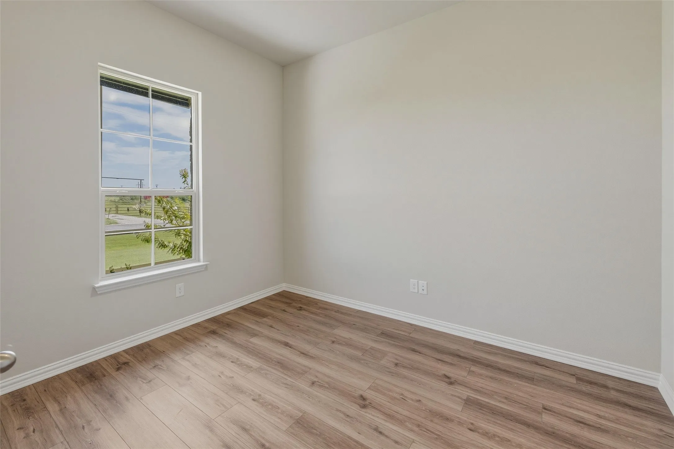 Neutral wall paint with wood-finish flooring