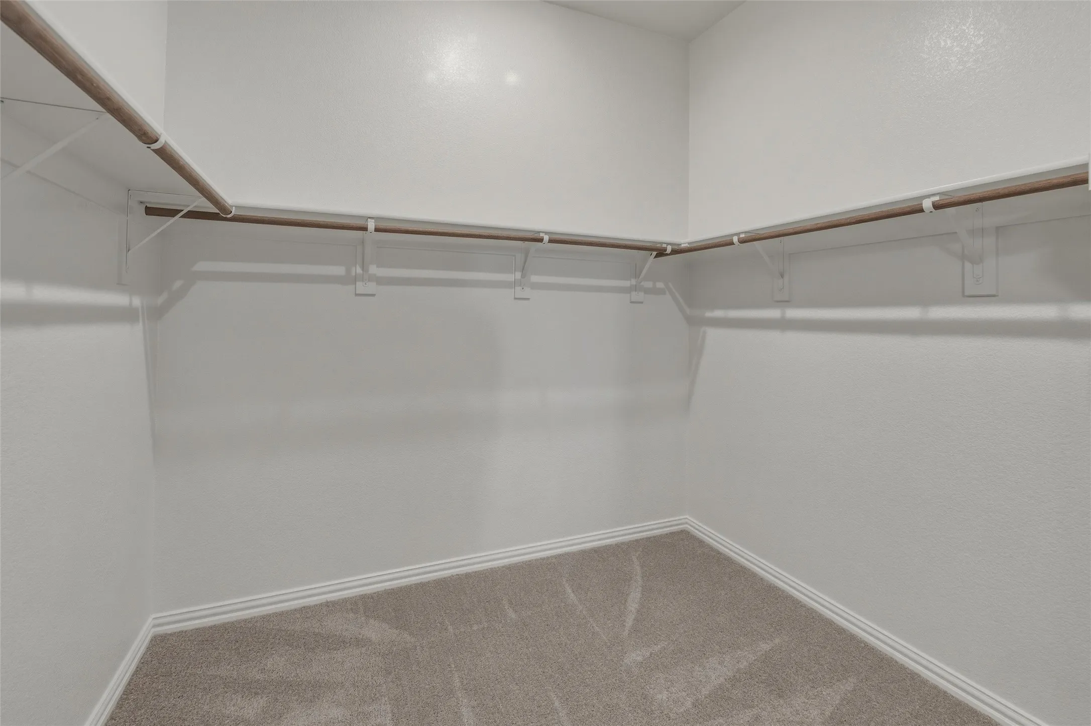 Walk-in closet featuring light gray carpeting, white walls, and a U-shaped hanging rod system