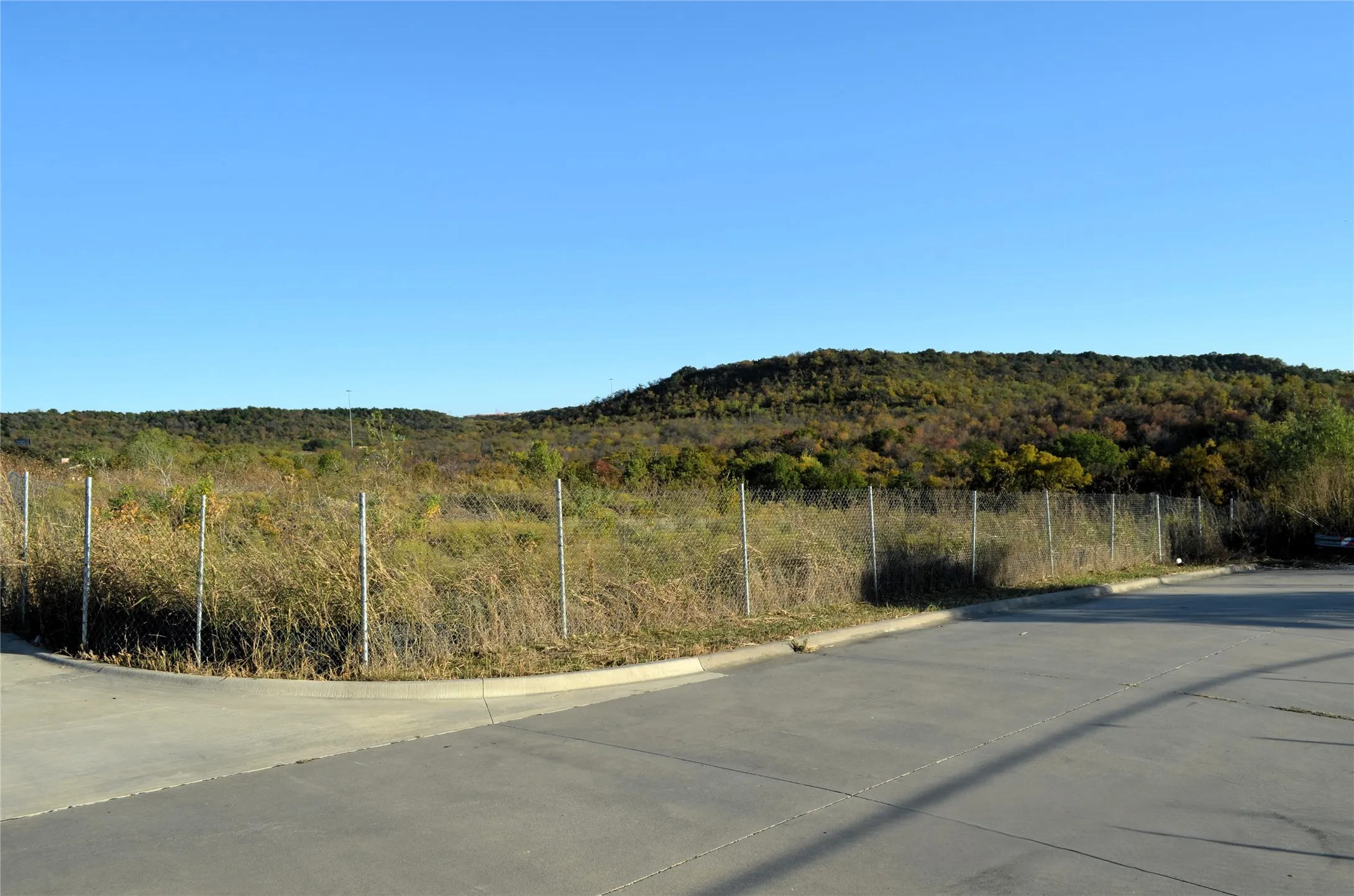 View of concrete road with a view of trees and curbs